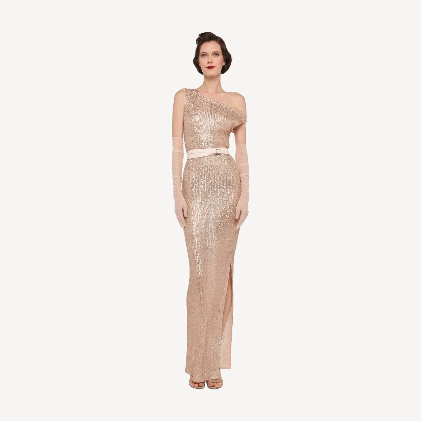 DROP SHOULDER FITTED GOWN W/ SIDE SLIT