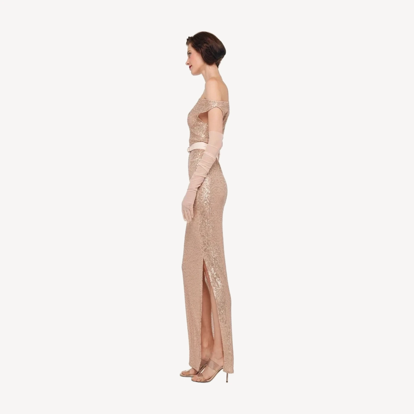 DROP SHOULDER FITTED GOWN W/ SIDE SLIT