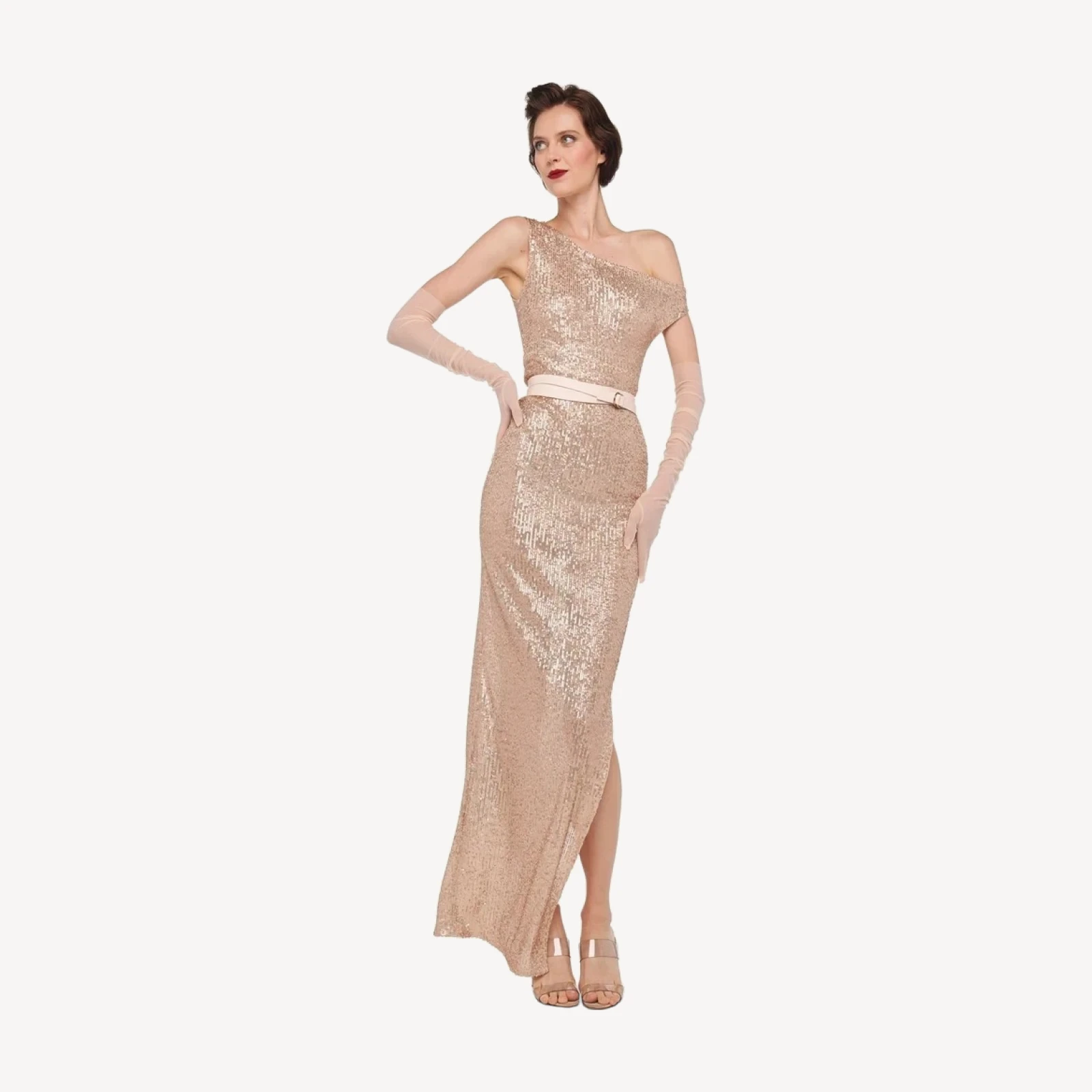 DROP SHOULDER FITTED GOWN W/ SIDE SLIT