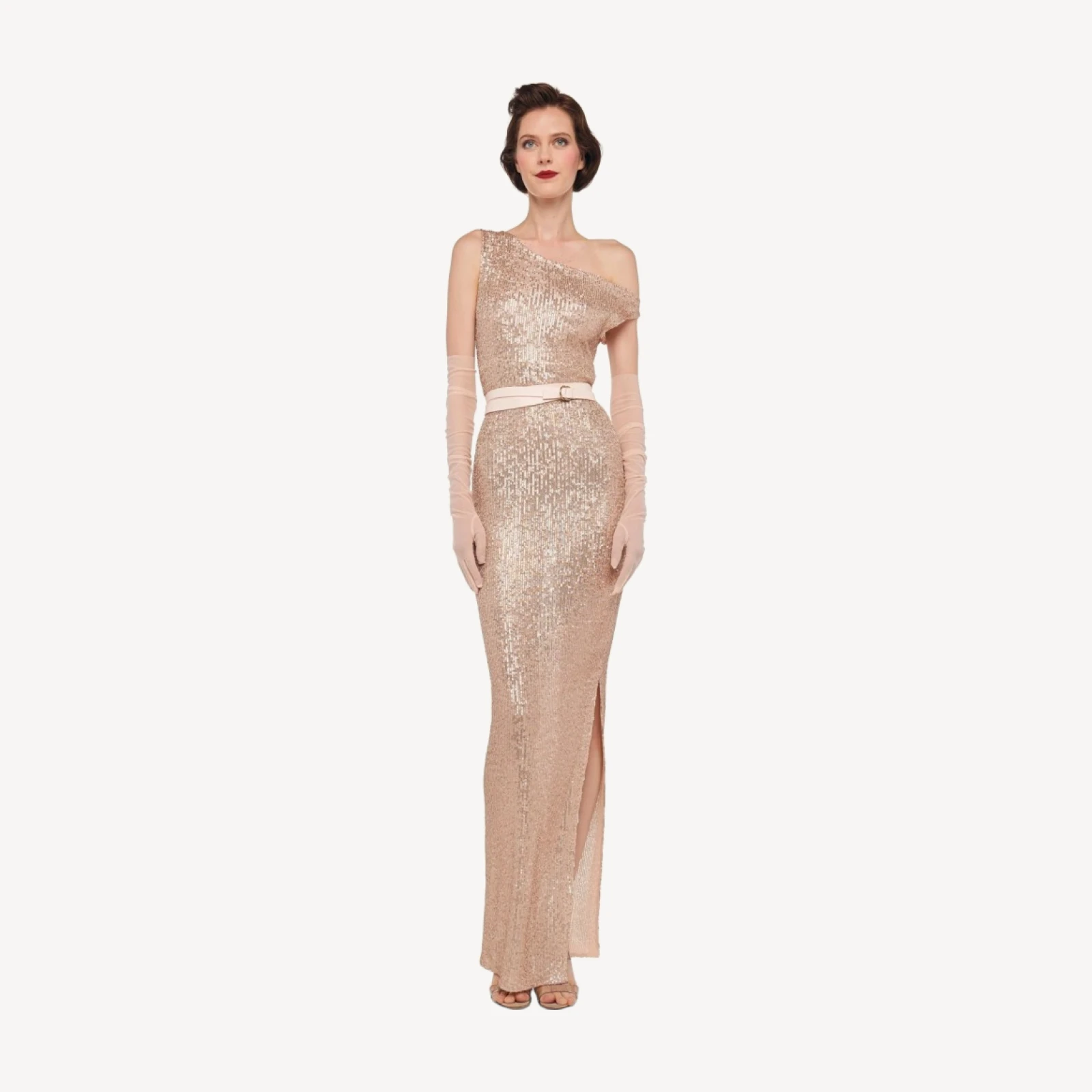 DROP SHOULDER FITTED GOWN W/ SIDE SLIT
