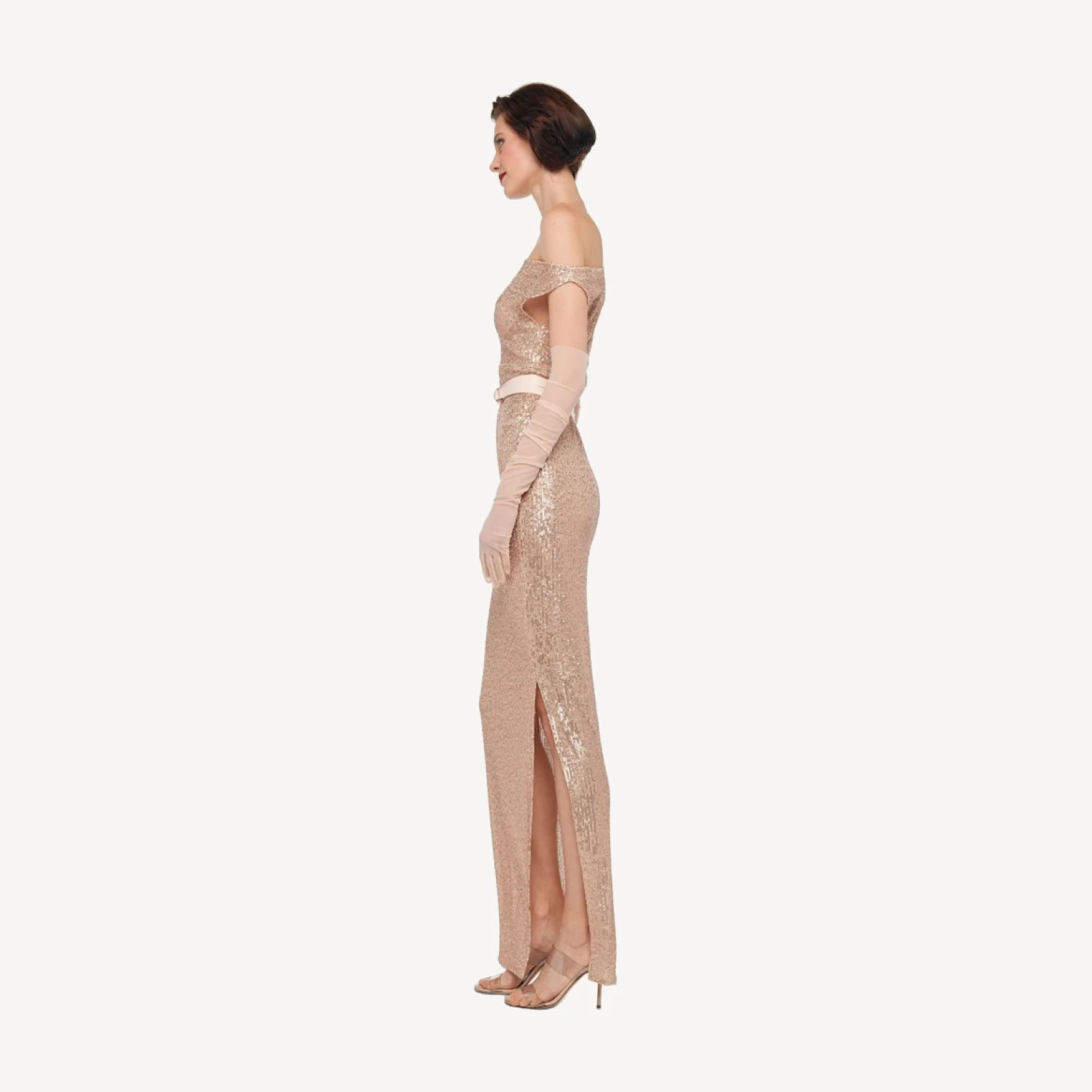 DROP SHOULDER FITTED GOWN W/ SIDE SLIT