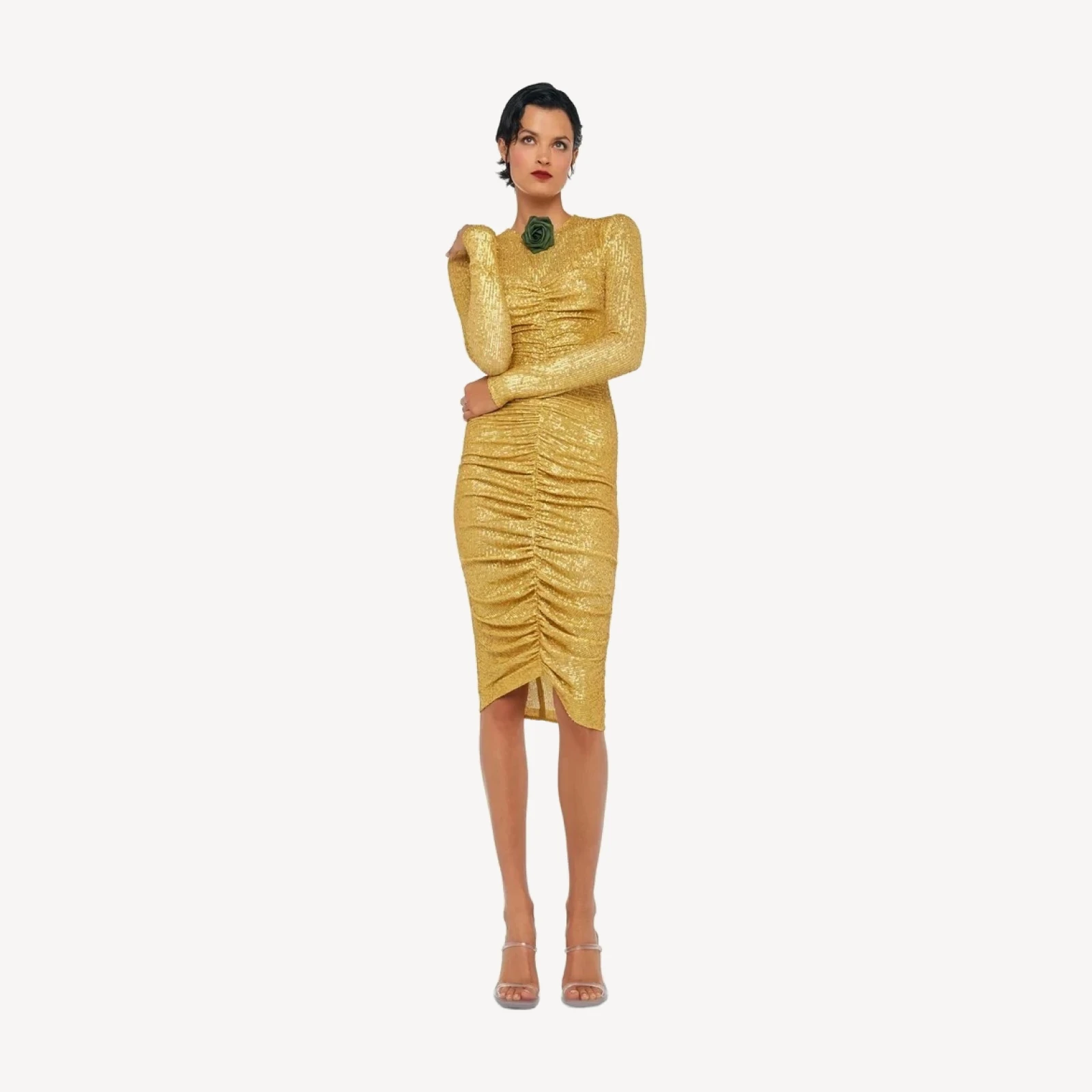 LS V NECK SHIRRED FRONT DRESS
