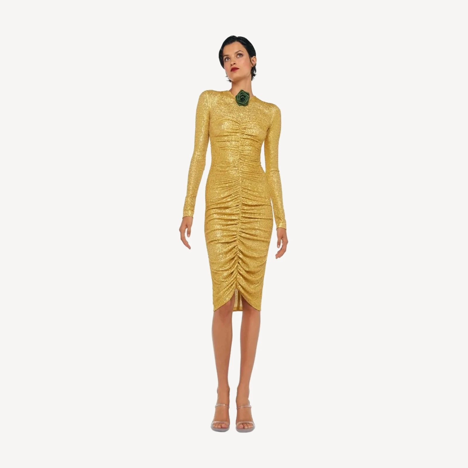 LS V NECK SHIRRED FRONT DRESS