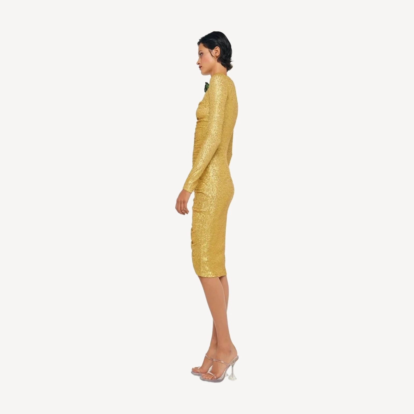 LS V NECK SHIRRED FRONT DRESS