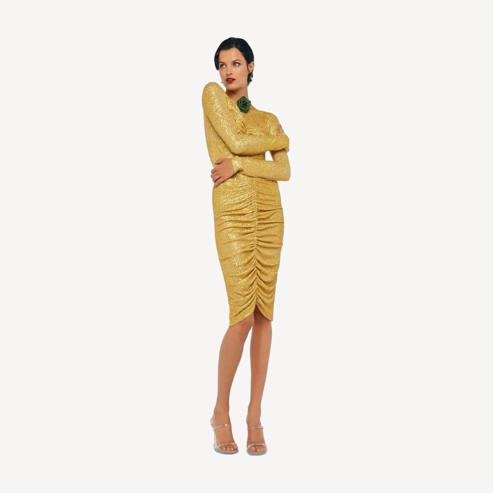 LS V NECK SHIRRED FRONT DRESS