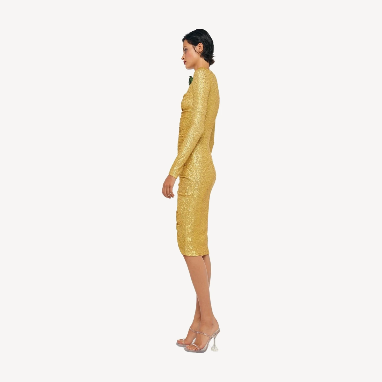 LS V NECK SHIRRED FRONT DRESS