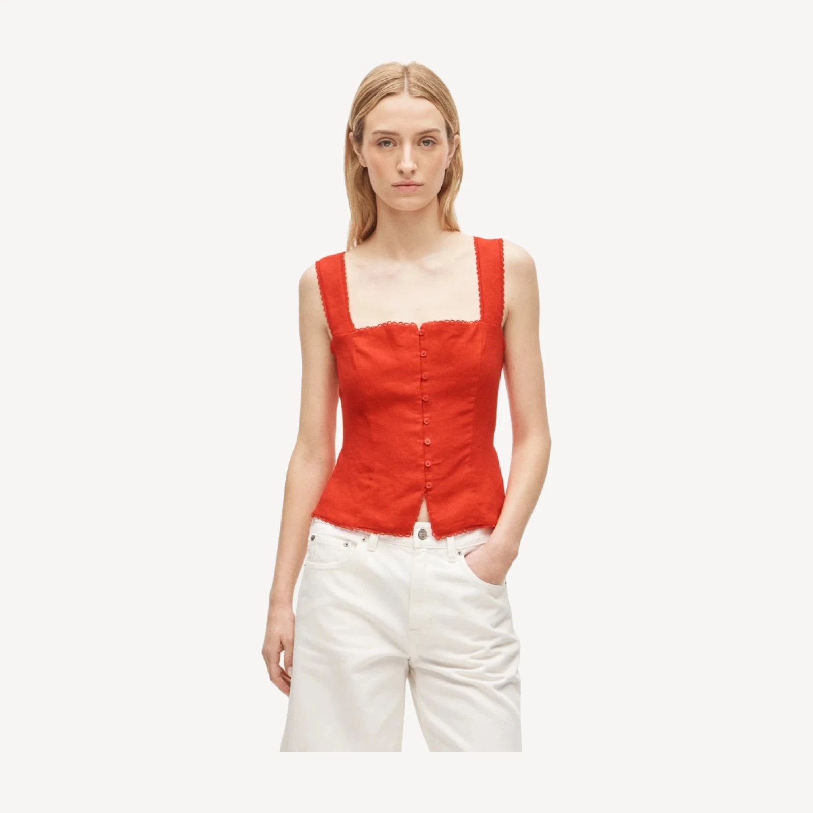 Lace-trim button-up tank top in linen