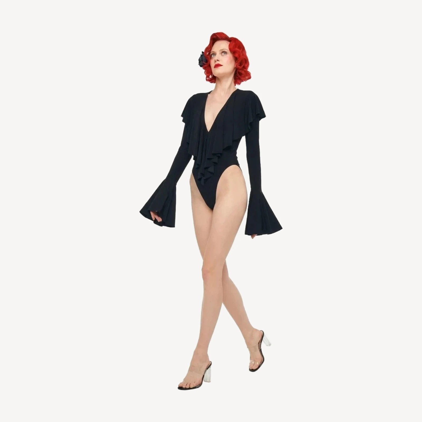 LONG SLEEVE DEEP V RUFFLE BODYSUIT