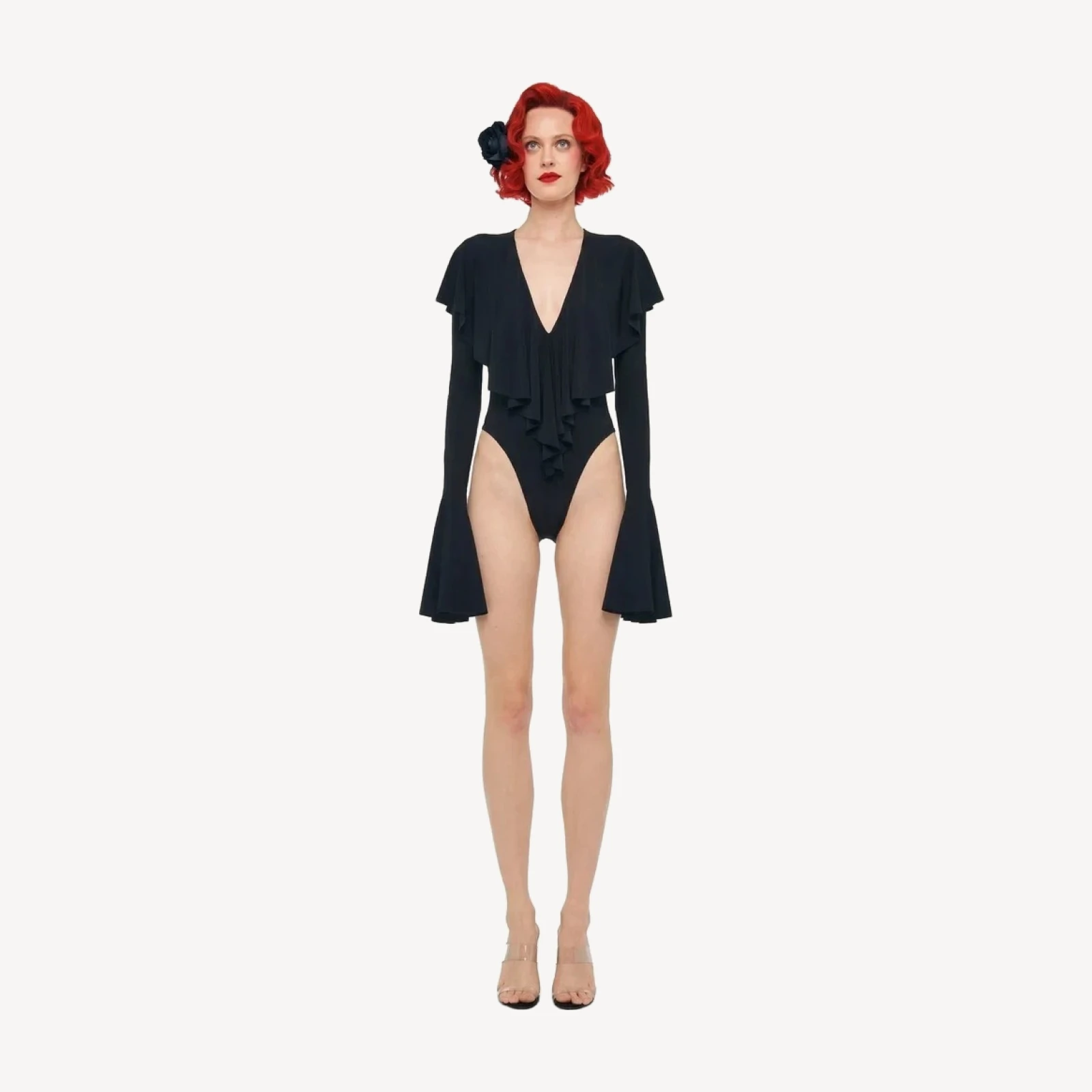 LONG SLEEVE DEEP V RUFFLE BODYSUIT