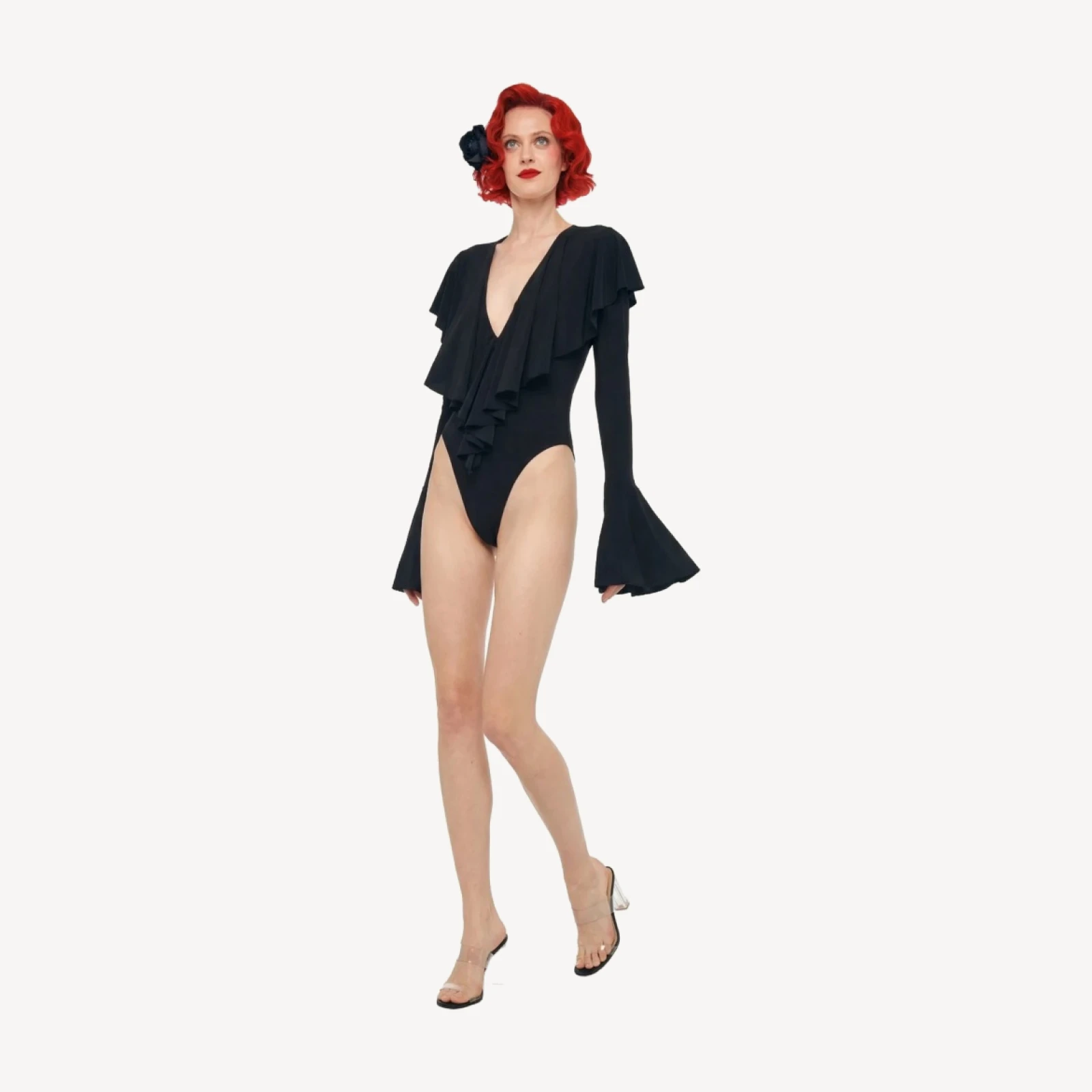 LONG SLEEVE DEEP V RUFFLE BODYSUIT