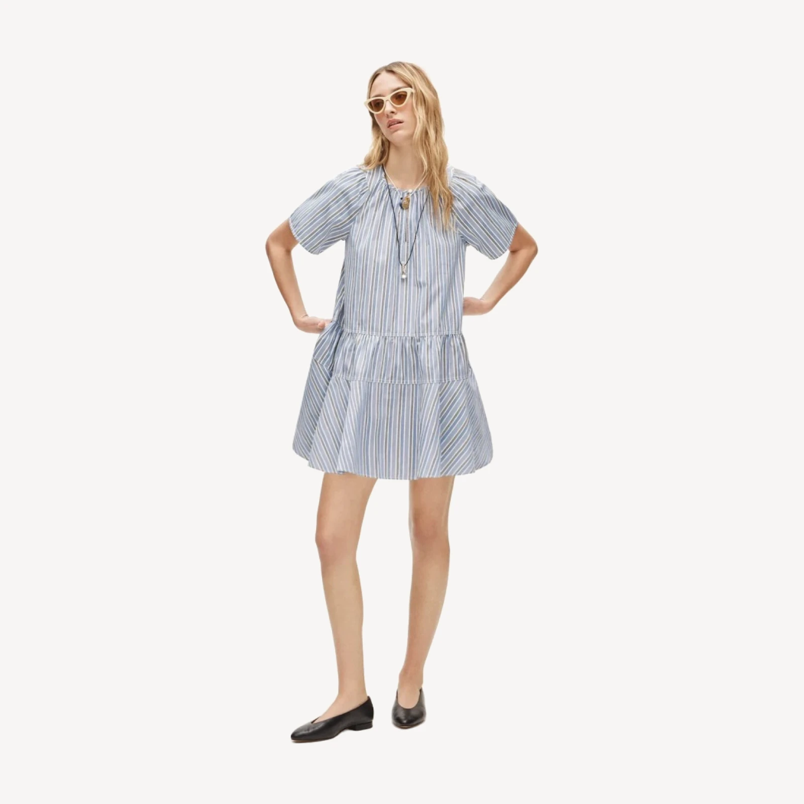 Tiered popover dress in striped cotton poplin