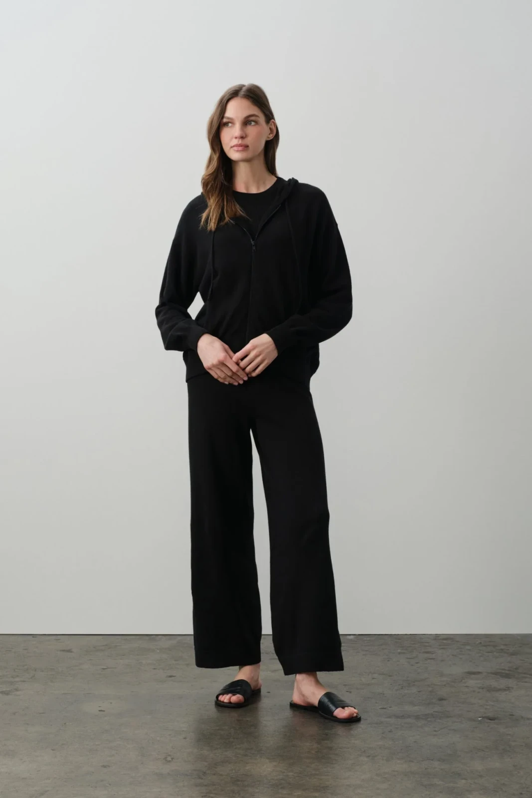 SERENA COTTON CASHMERE ZIP-UP HOODIE - BLACK