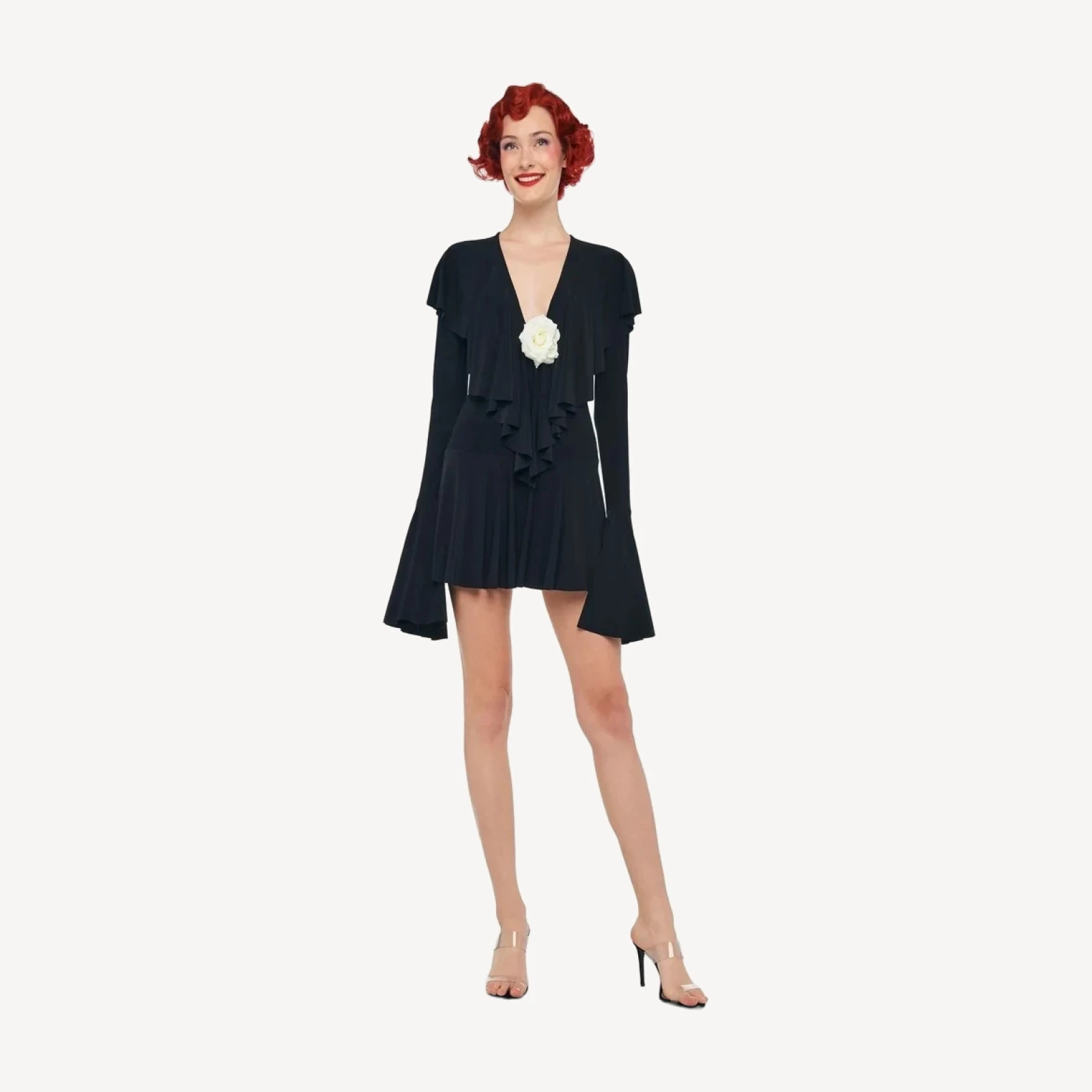 LONG SLEEVE DEEP V RUFFLE MINI DRESS