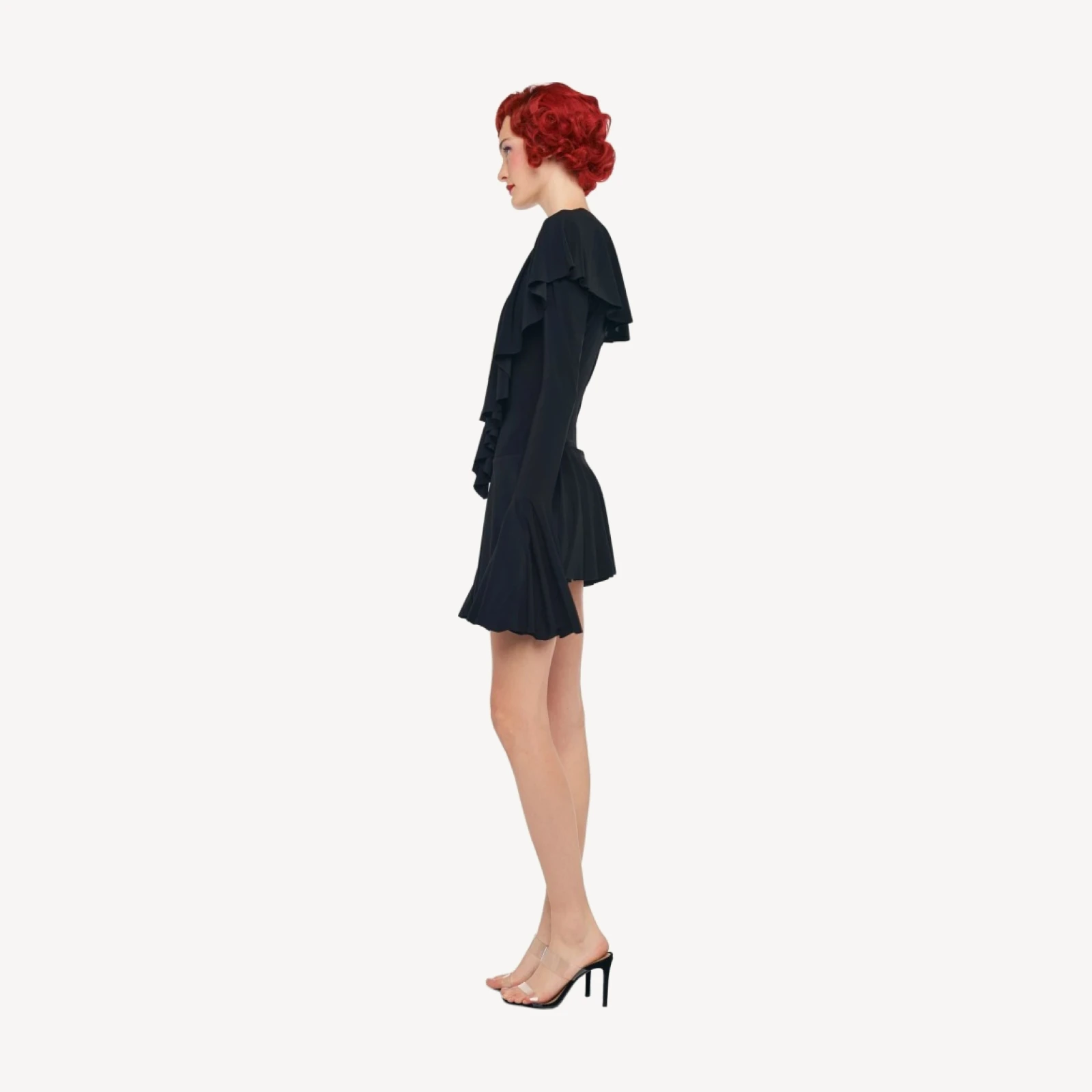 LONG SLEEVE DEEP V RUFFLE MINI DRESS