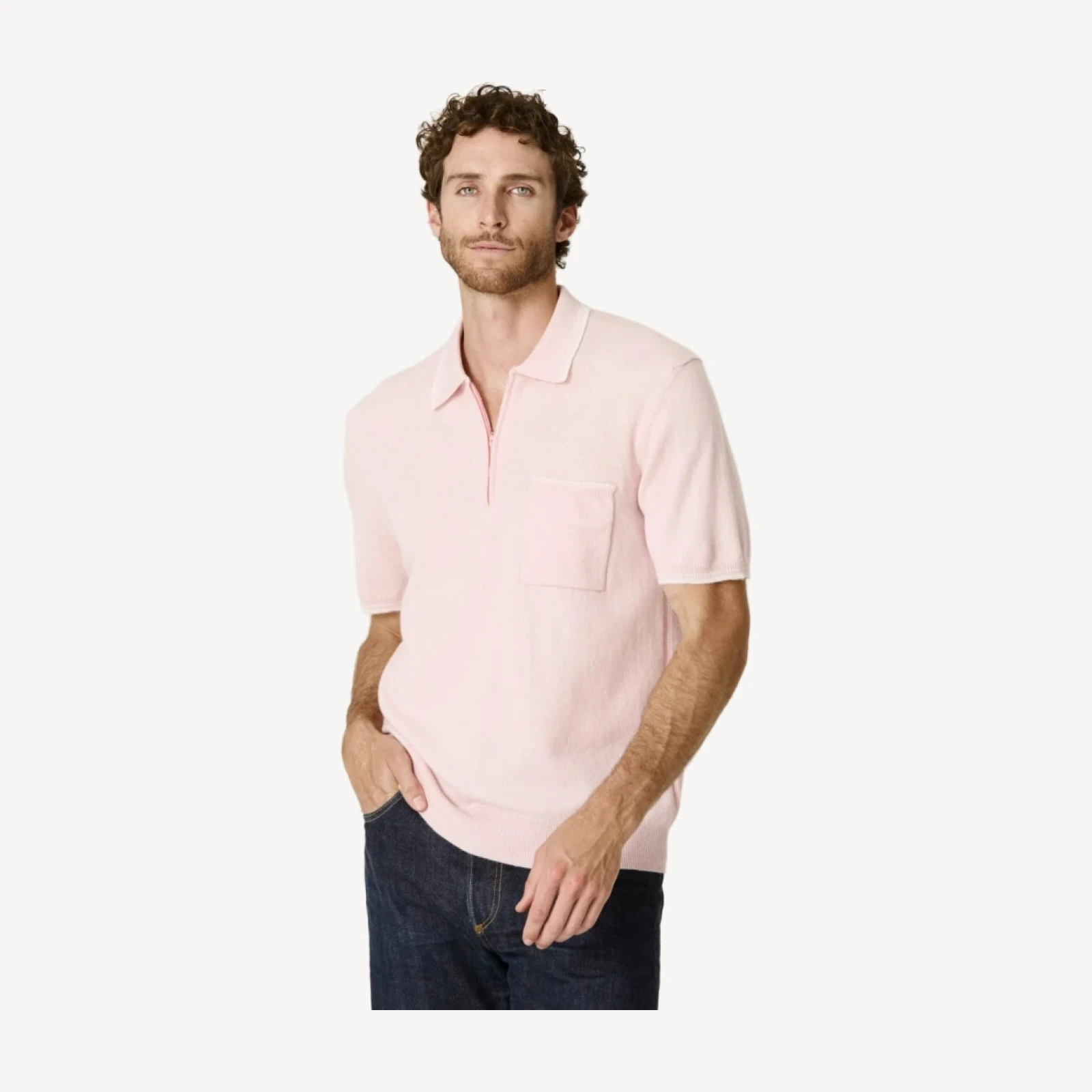 ALDRICH CASHMERE QUARTER-ZIP POLO - PREP PINK/ECRU