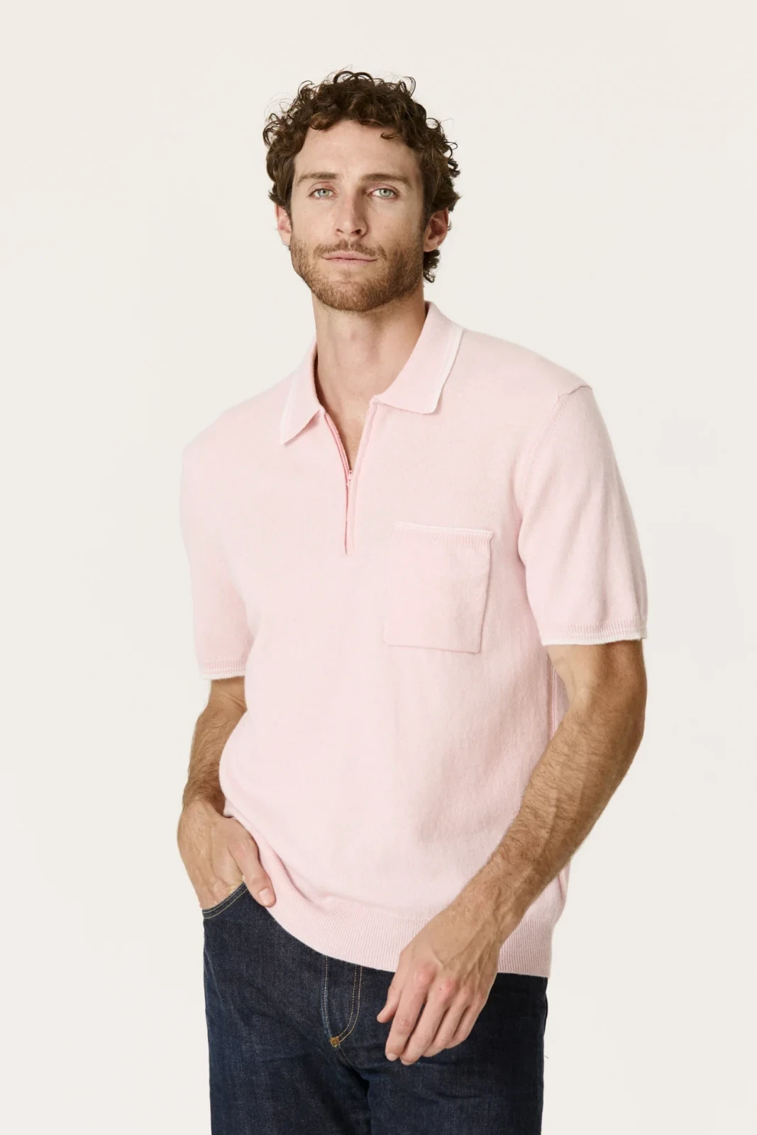 ALDRICH CASHMERE QUARTER-ZIP POLO - PREP PINK/ECRU