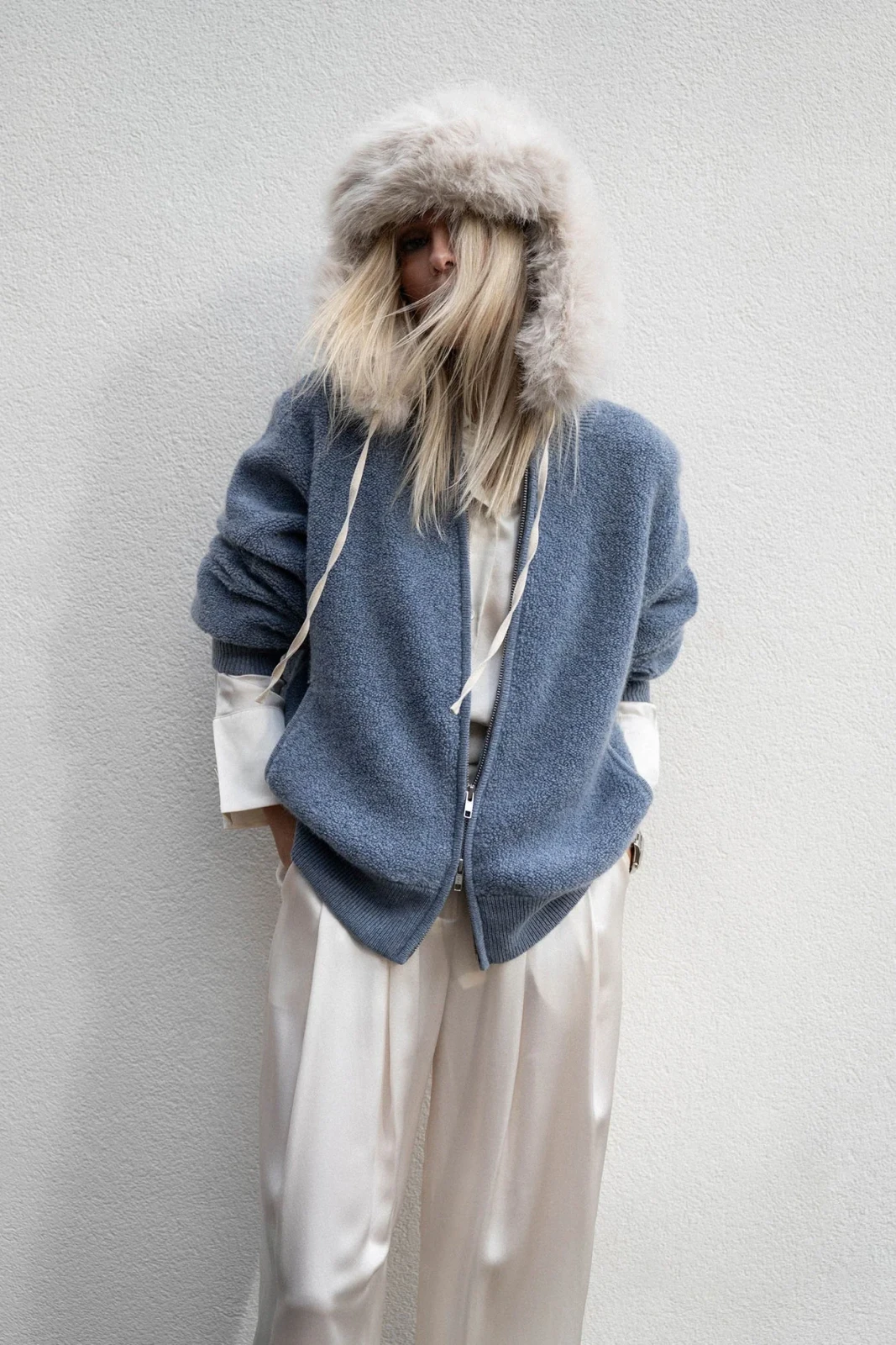 STEFANIA TERRY BOMBER JACKET - HEATHER BLUE