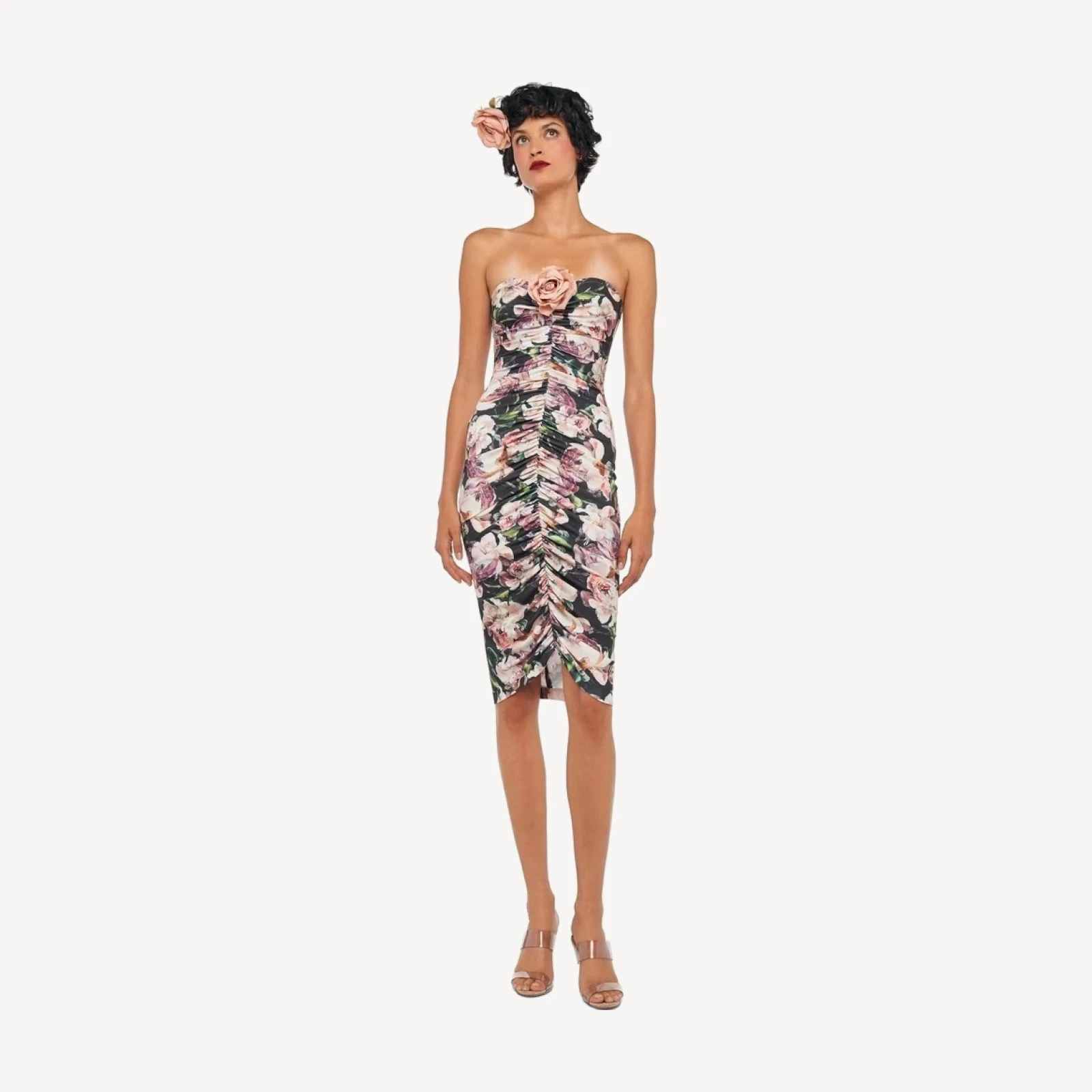 STRAPLESS SHIRRED FRONT DRESS