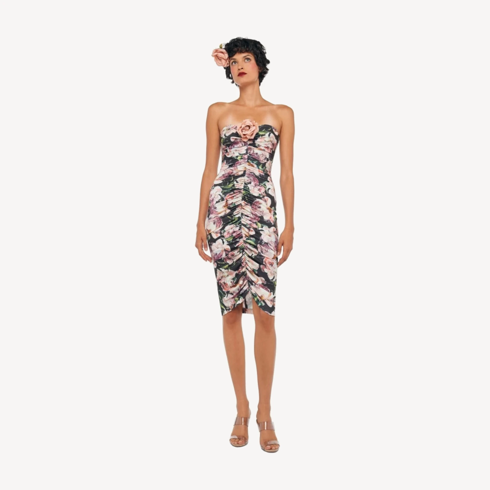 STRAPLESS SHIRRED FRONT DRESS