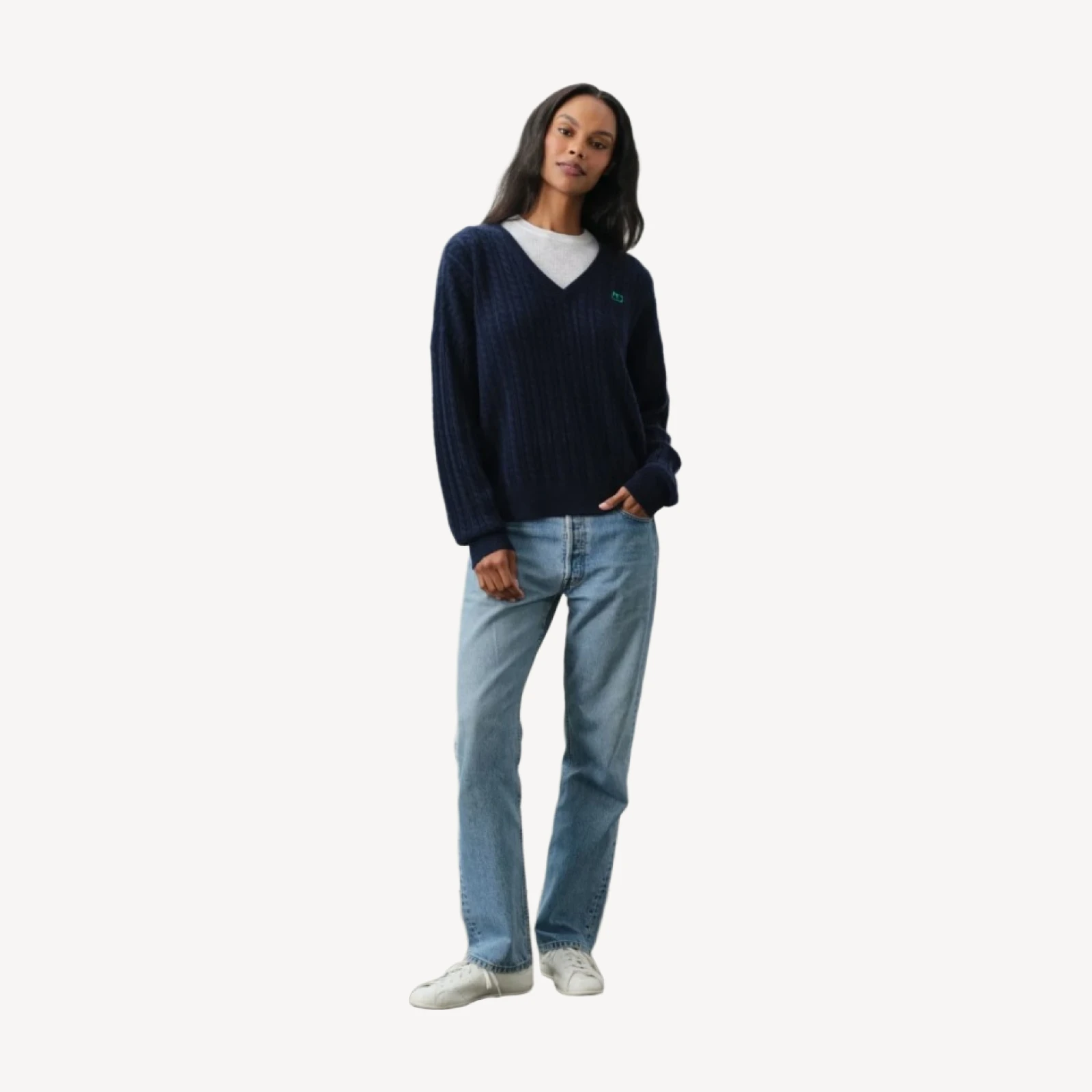 ELINA CASHMERE CABLE KNIT V-NECK - CLUB NAVY