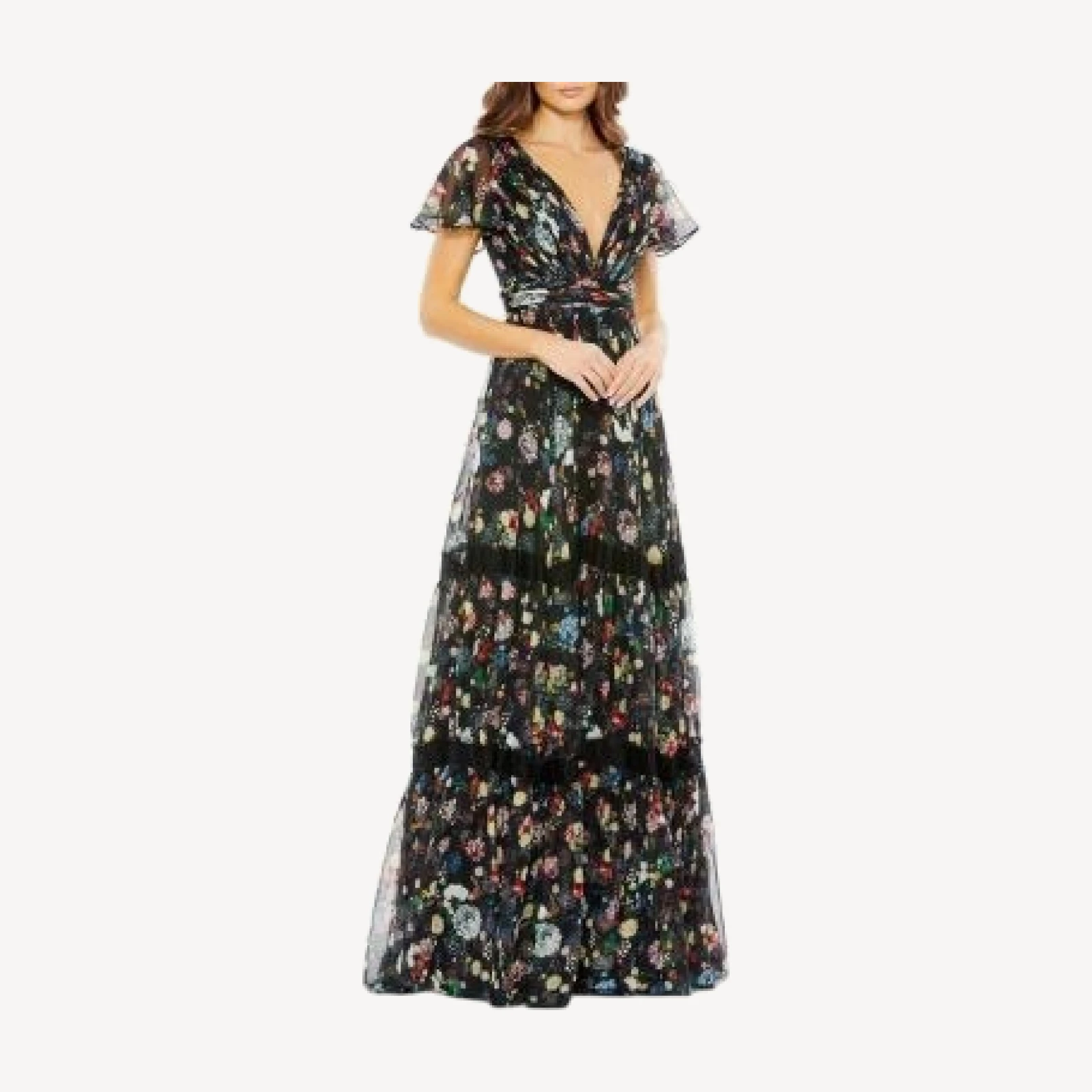Mac Duggal Floral Plunge Neck Gown