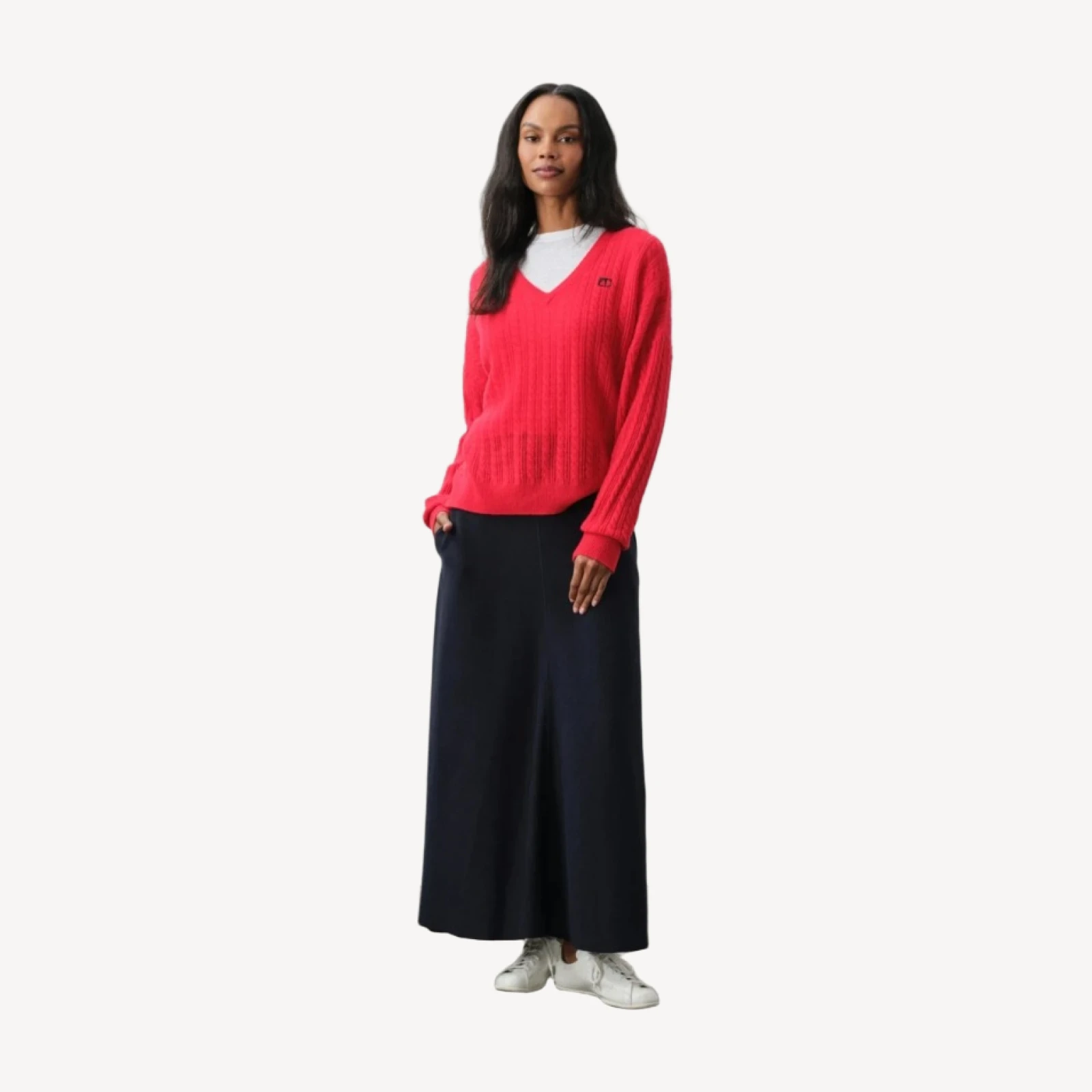ELINA CASHMERE CABLE KNIT V-NECK - POPPY