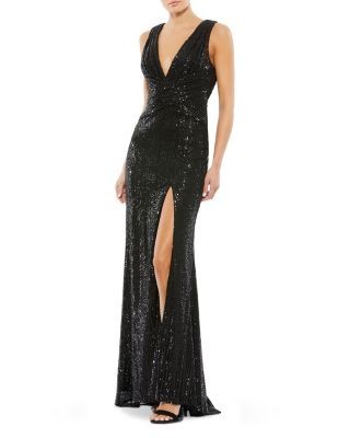 Mac Duggal V-Neck Sequin Wrap Waist Gown