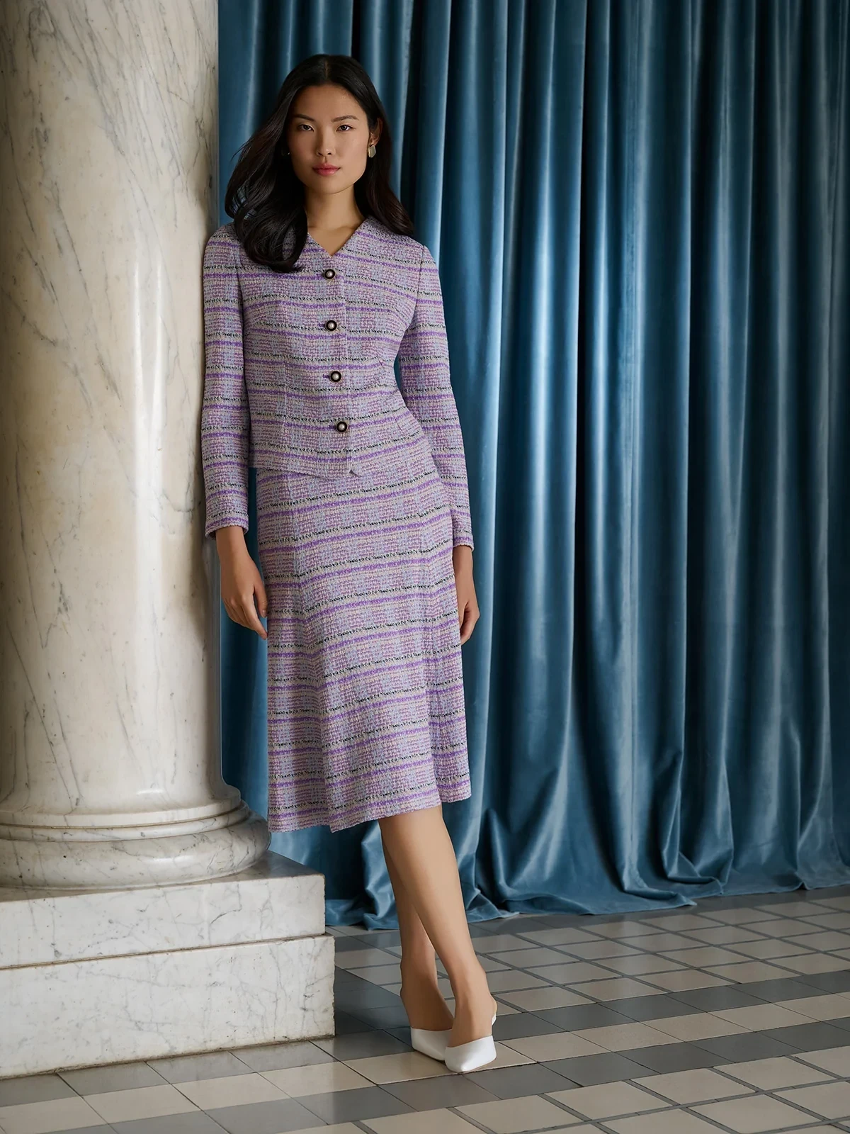 Flared Plaid Tweed Knit Midi Skirt, photo 2