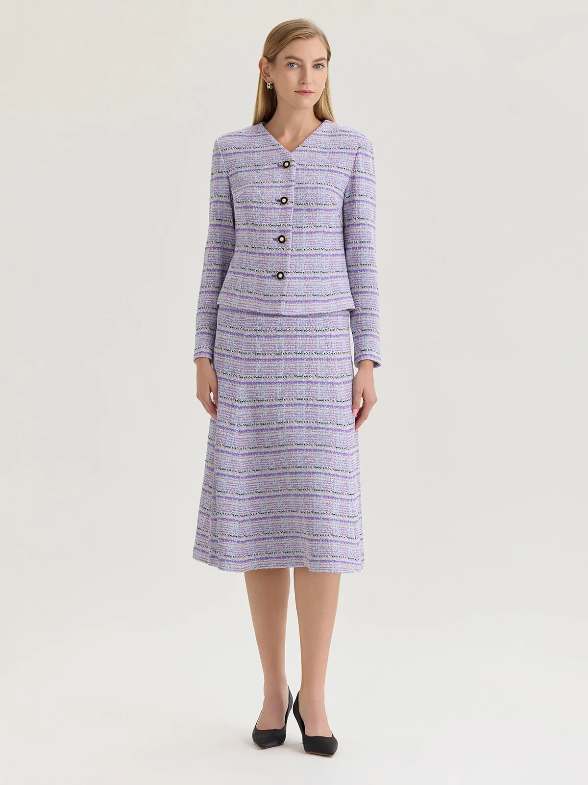 Flared Plaid Tweed Knit Midi Skirt, photo 6