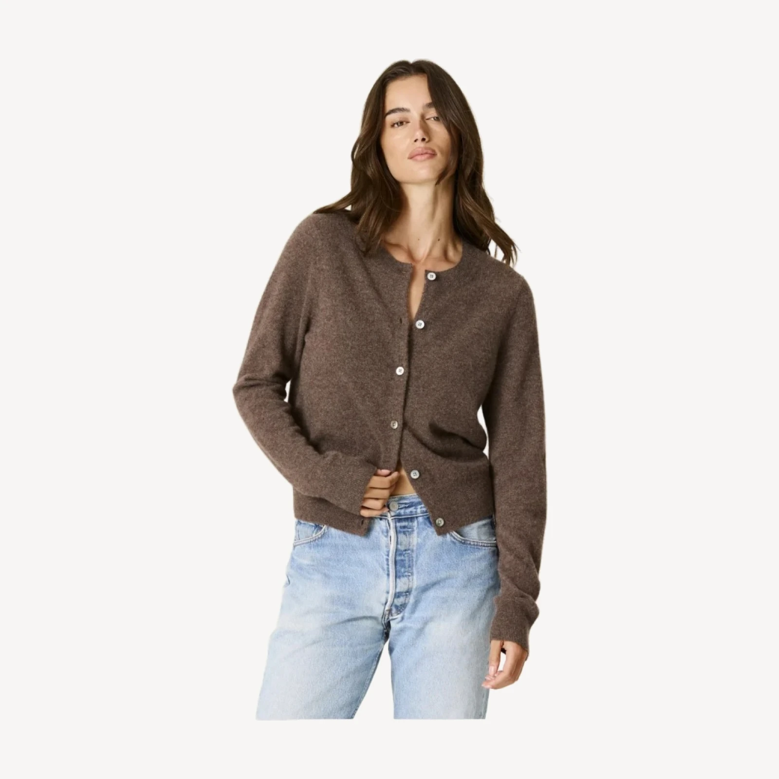 JAYLA BUTTON-UP CASHMERE CARDIGAN - HEATHER COCOA