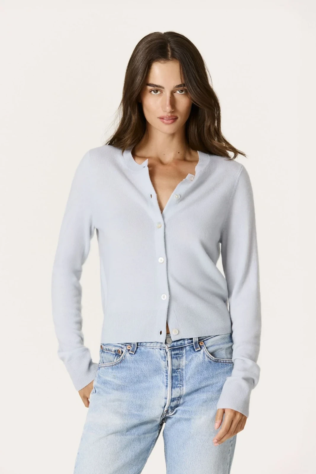 JAYLA BUTTON-UP CASHMERE CARDIGAN - CLOUD