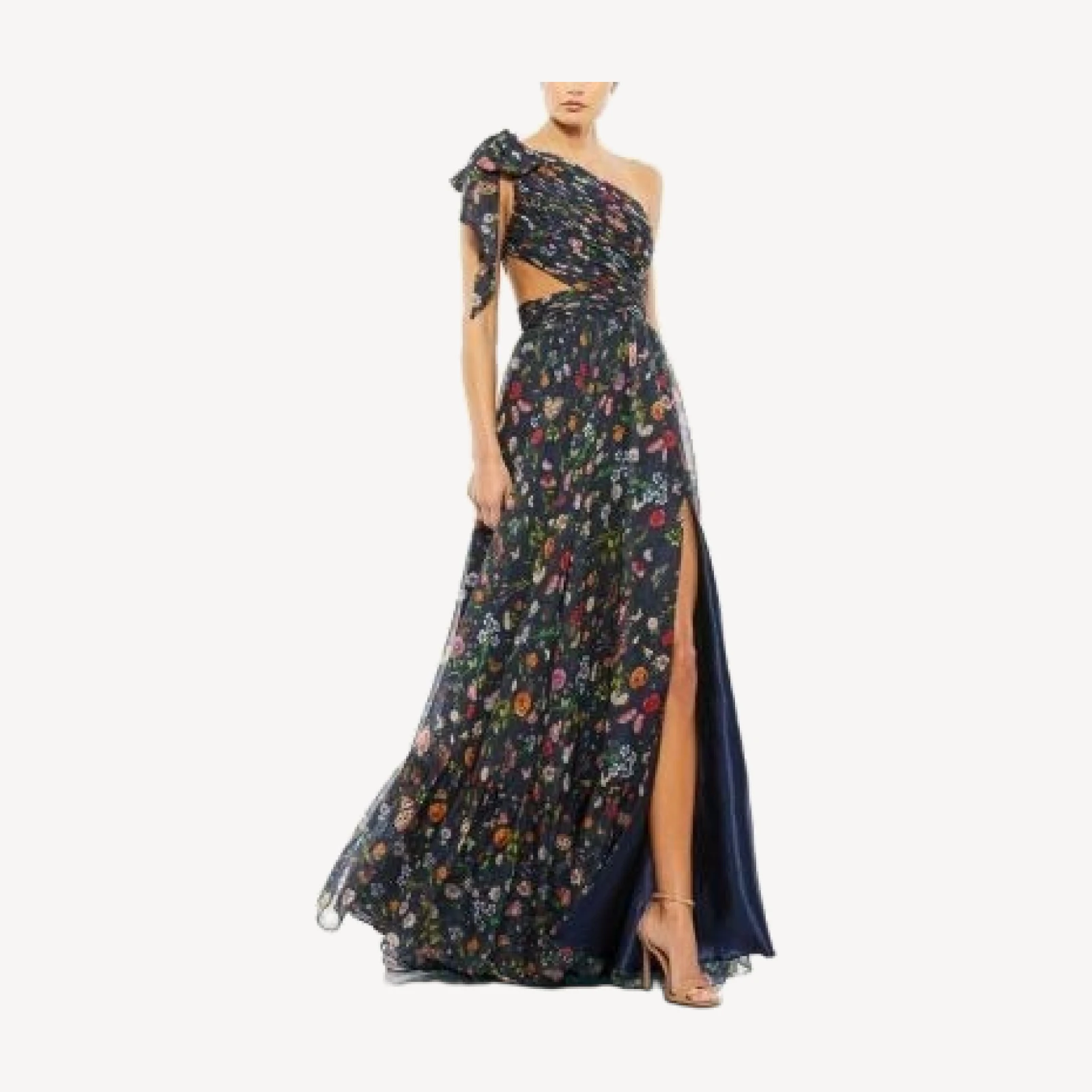 Mac Duggal Tied One Shoulder Cut-Out Flowy Gown