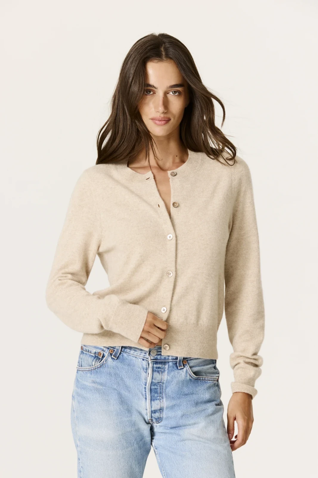 JAYLA BUTTON-UP CASHMERE CARDIGAN - FLAX
