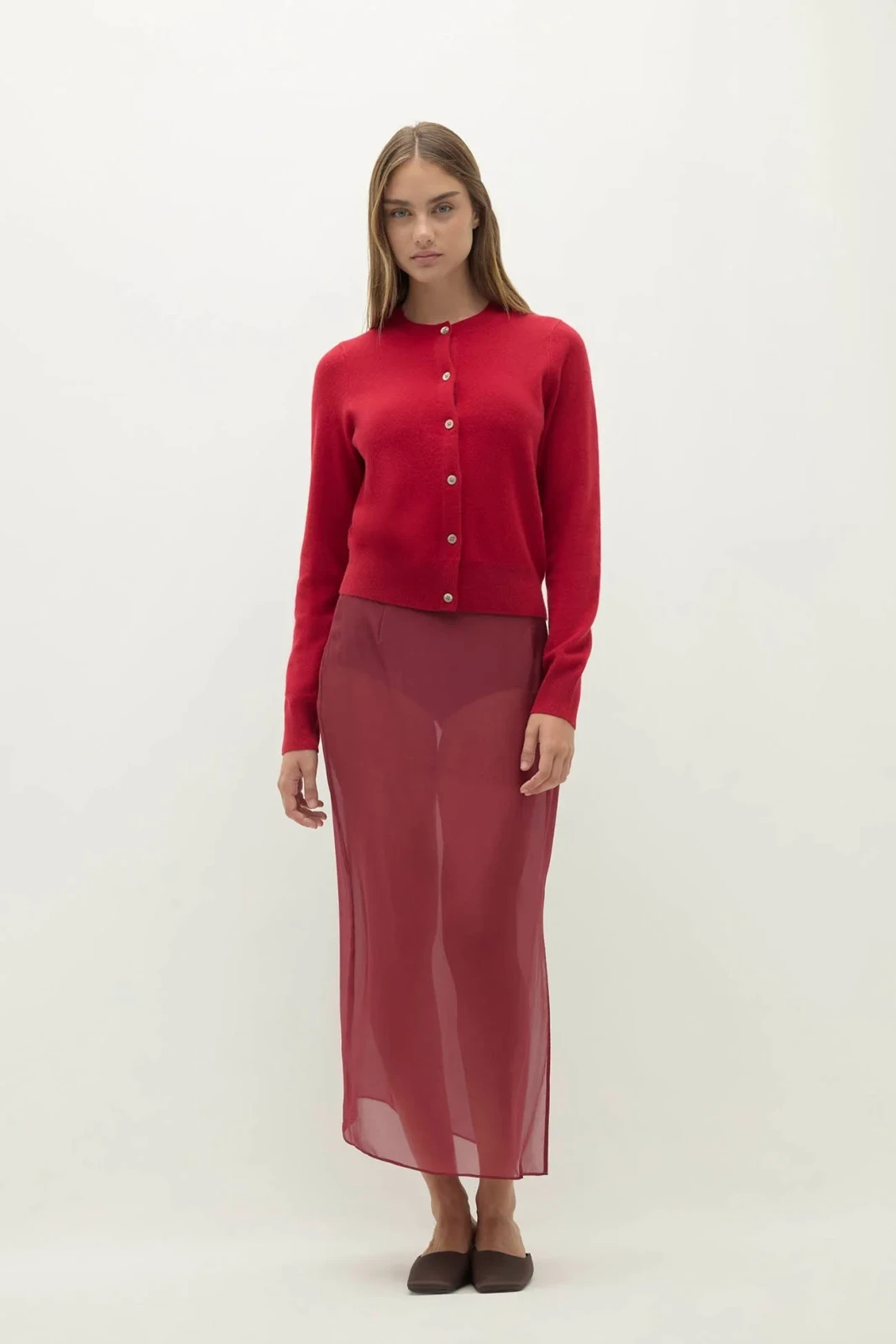 JAYLA BUTTON-UP CASHMERE CARDIGAN - WINTER RED
