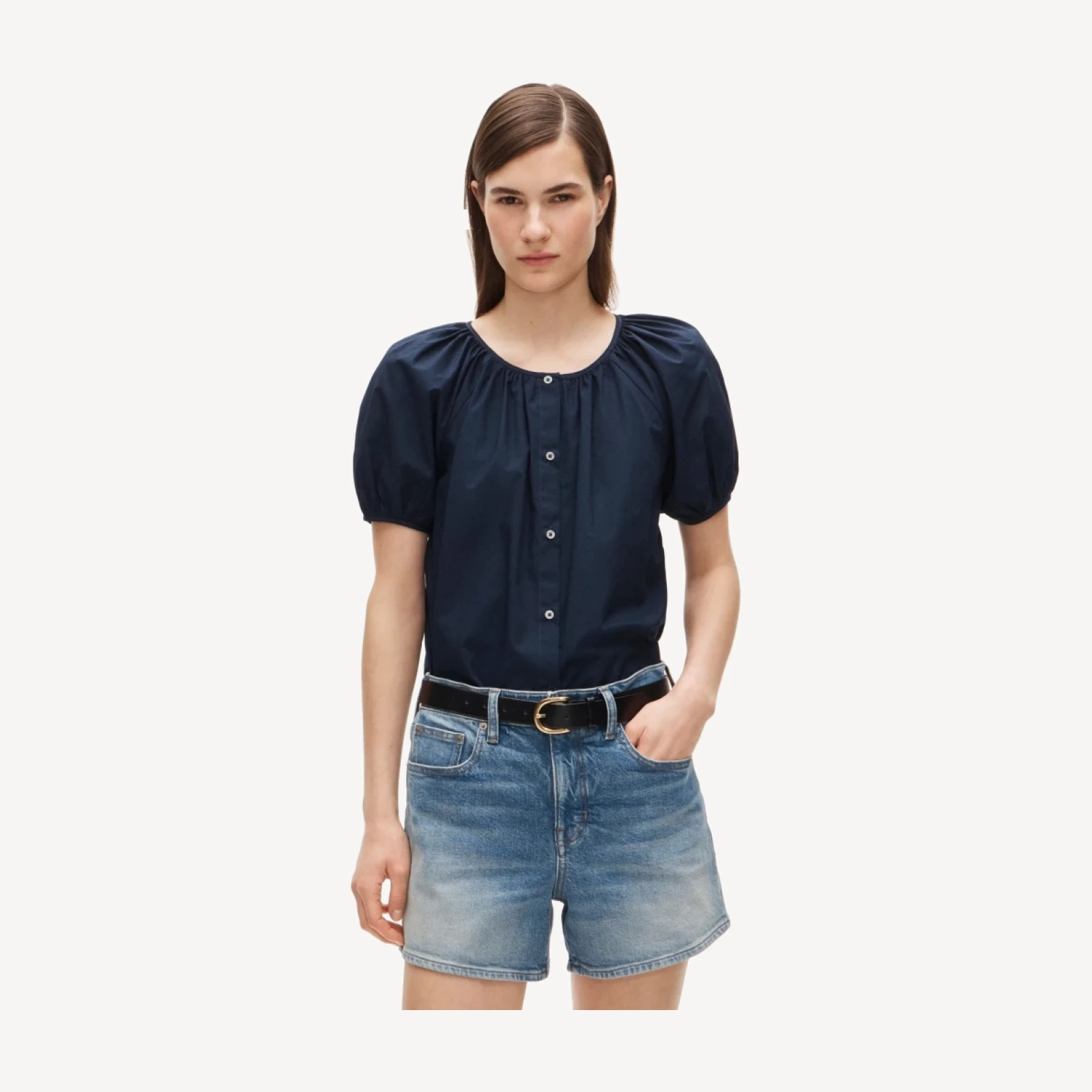 Puff-sleeve button-up top in cotton poplin