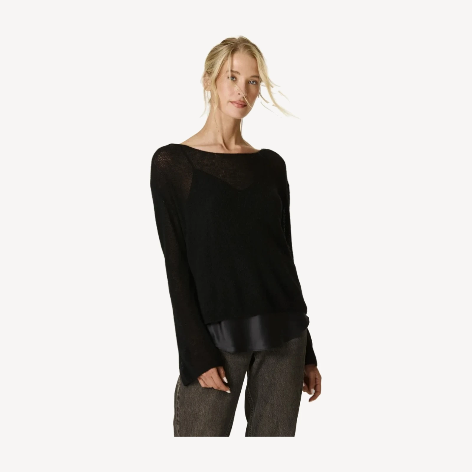TANYA CASHMERE OPEN KNIT SWEATER - BLACK