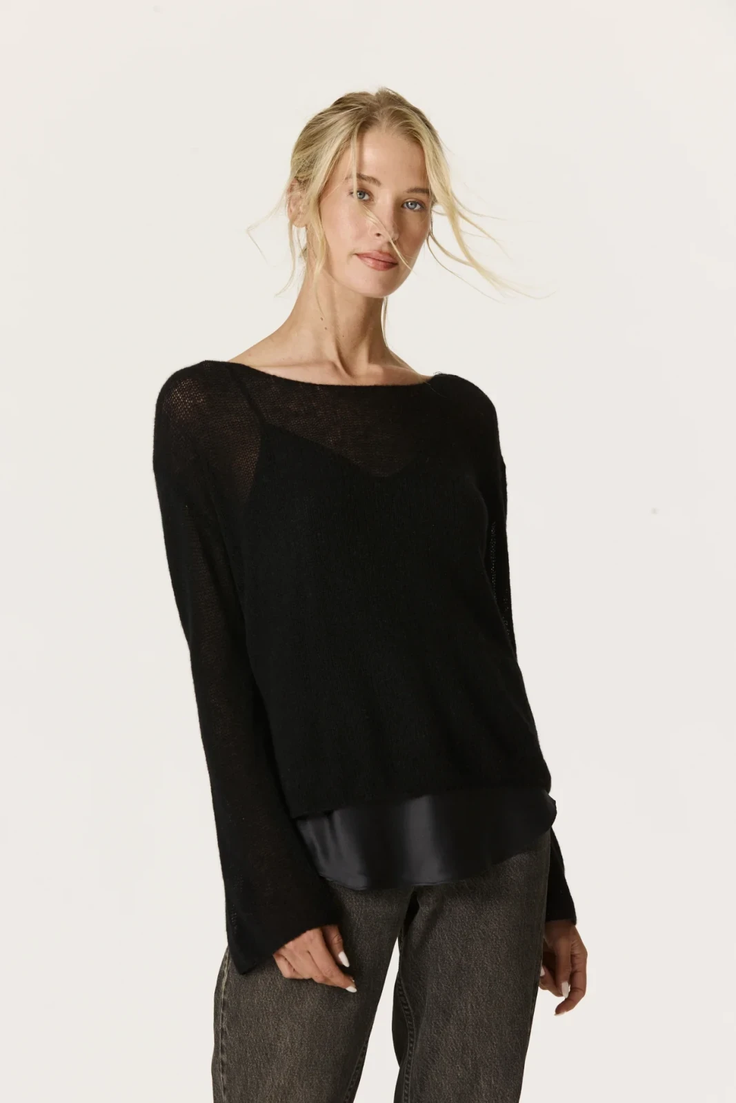 TANYA CASHMERE OPEN KNIT SWEATER - BLACK