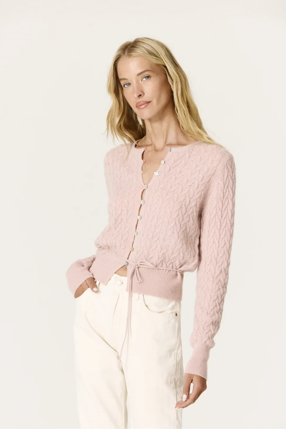 SARA CASHMERE CABLEKNIT CARDIGAN - ROSETTE PINK