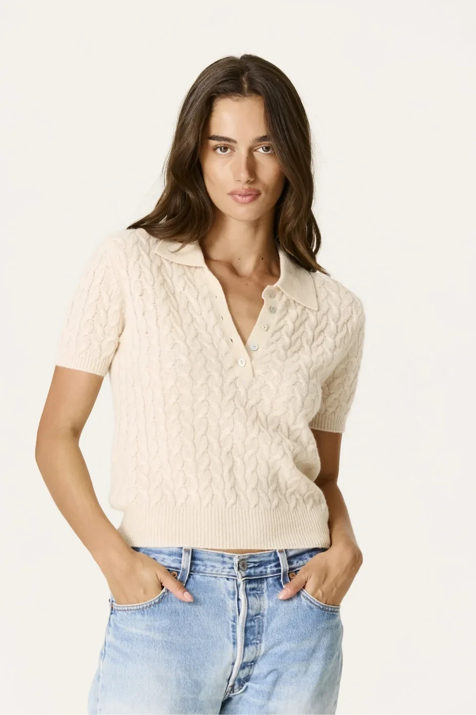 GEIRA CASHMERE CABLEKNIT POLO - VINTAGE CREAM