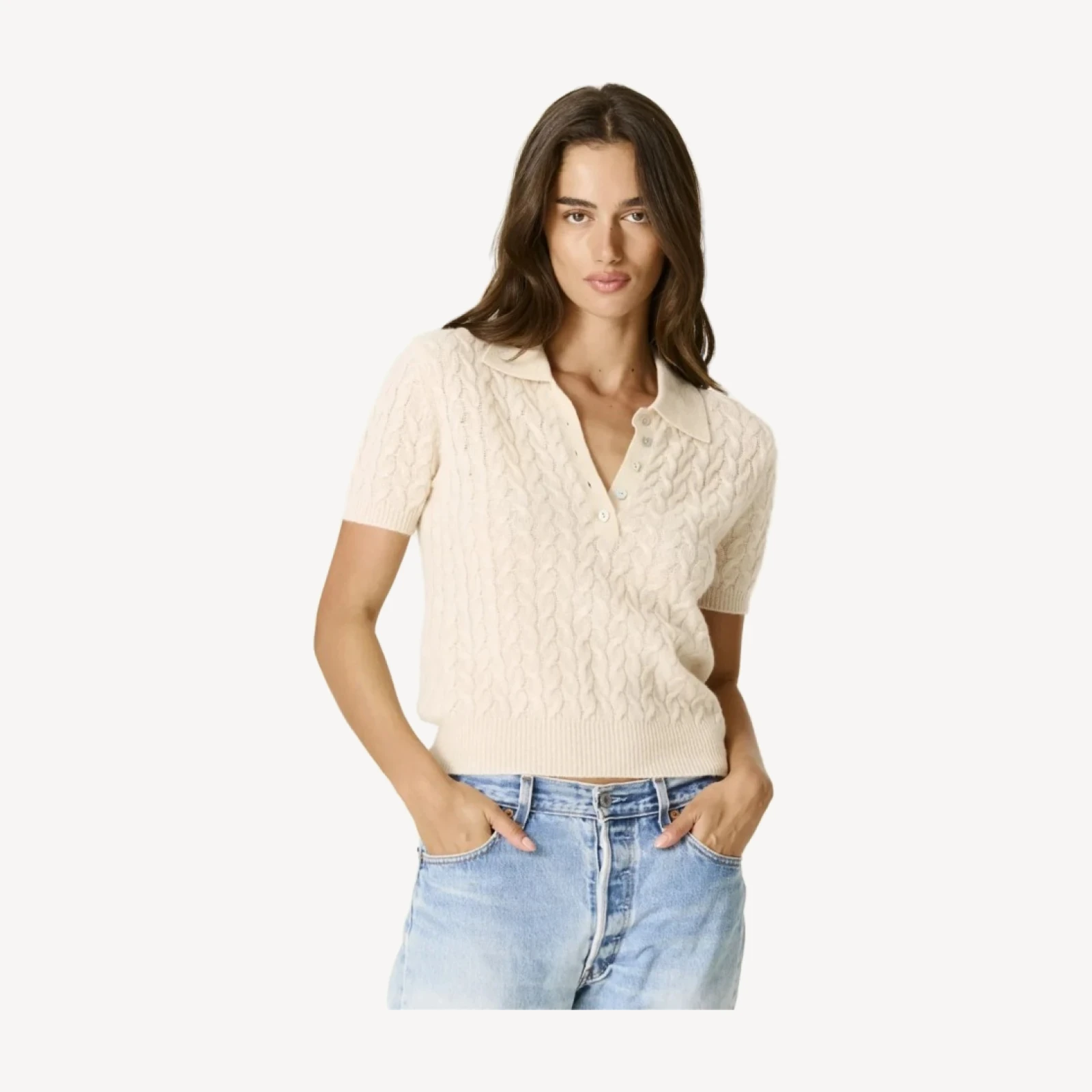 GEIRA CASHMERE CABLEKNIT POLO - VINTAGE CREAM