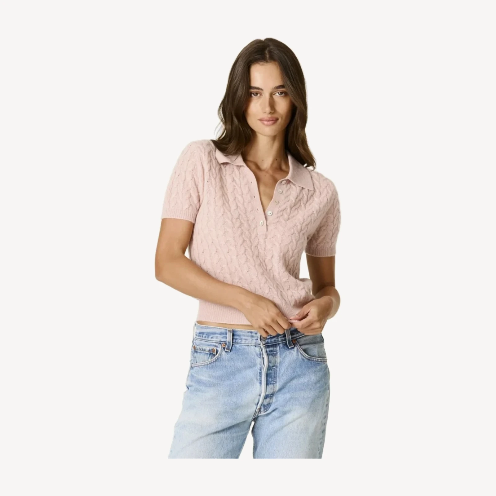 GEIRA CASHMERE CABLEKNIT POLO - ROSETTE PINK