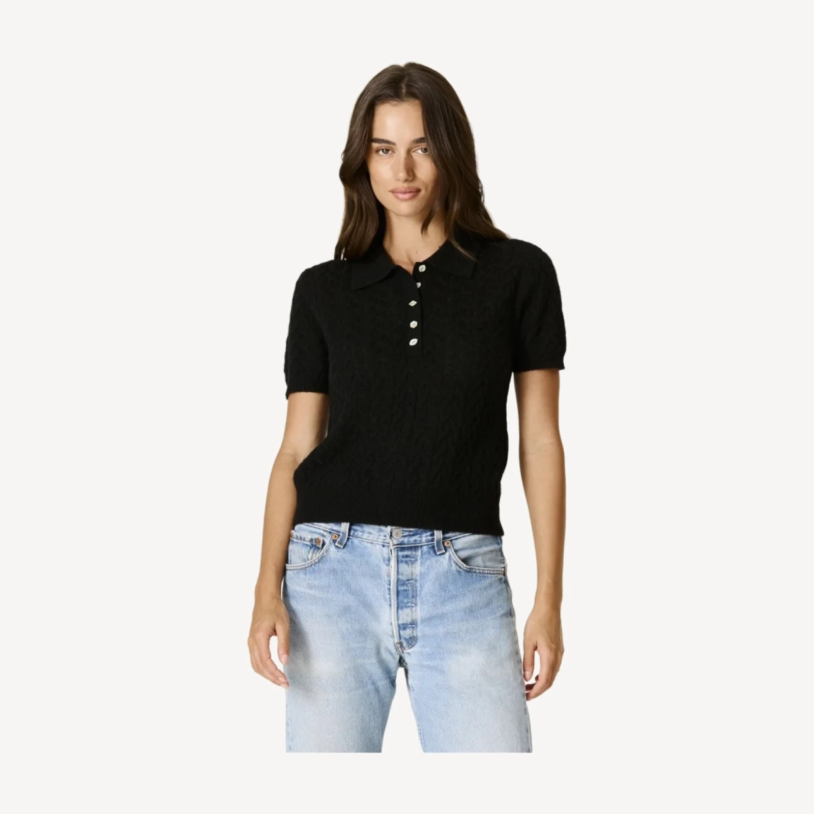 GEIRA CASHMERE CABLEKNIT POLO - BLACK