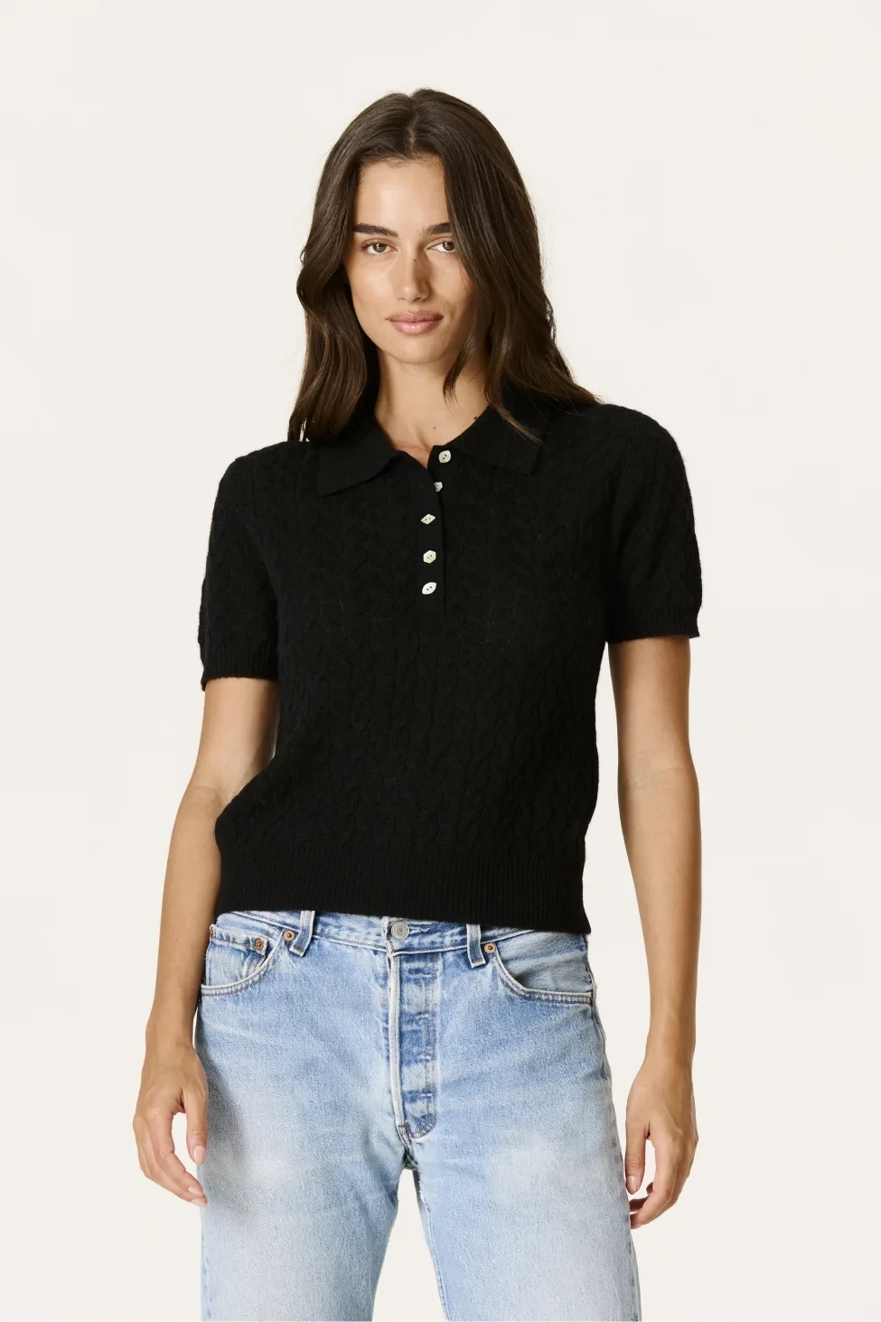 GEIRA CASHMERE CABLEKNIT POLO - BLACK
