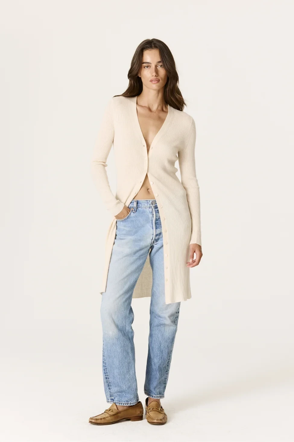 LARA CASHMERE RIBBED MIDI CARDIGAN - VINTAGE CREAM