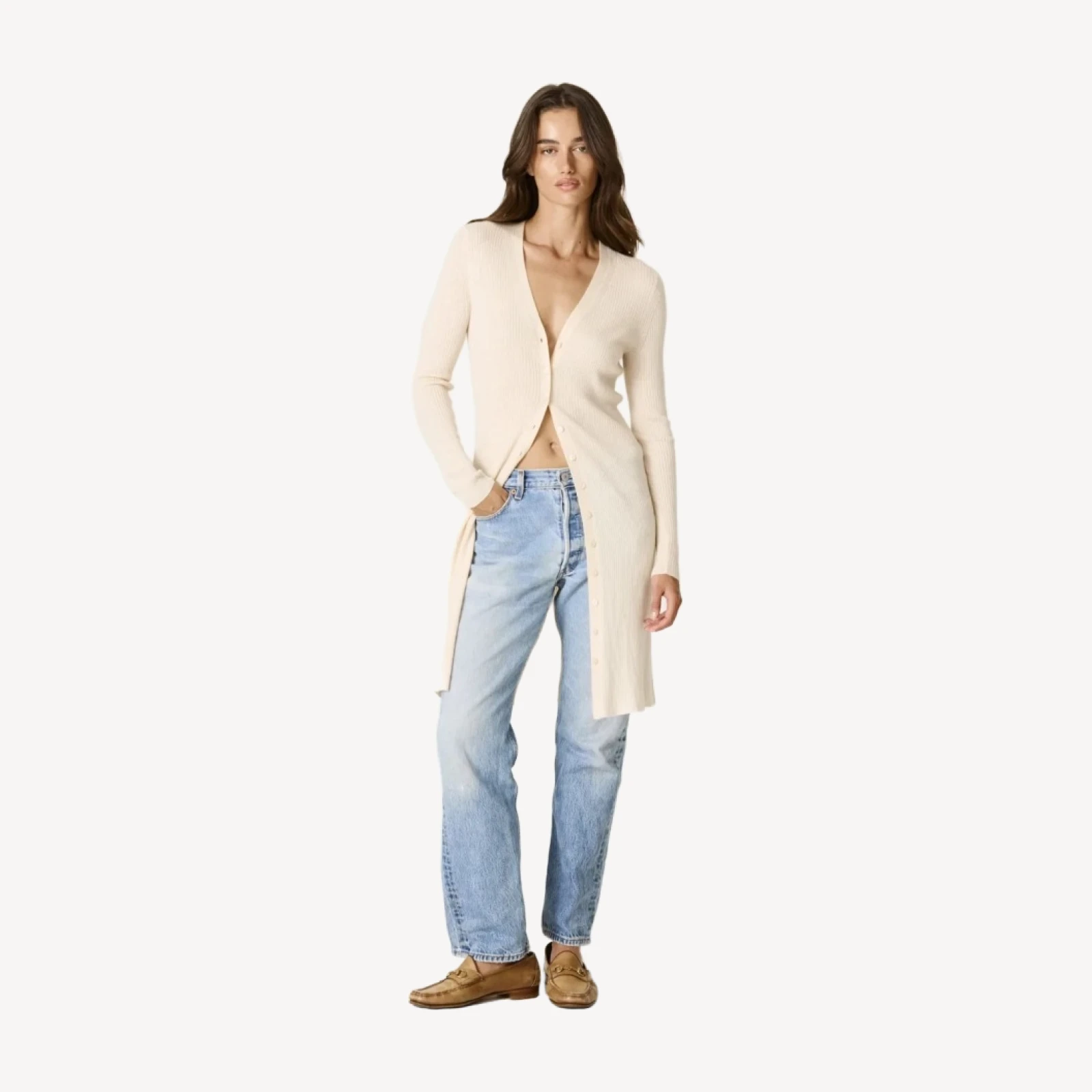 LARA CASHMERE RIBBED MIDI CARDIGAN - VINTAGE CREAM