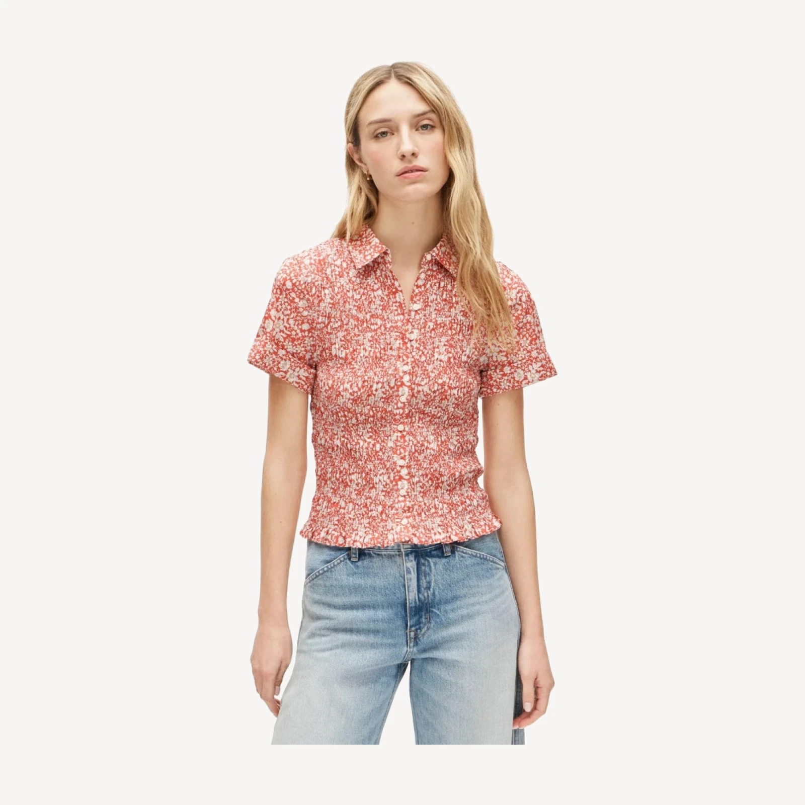 Smocked button-up short-sleeve shirt in floral print