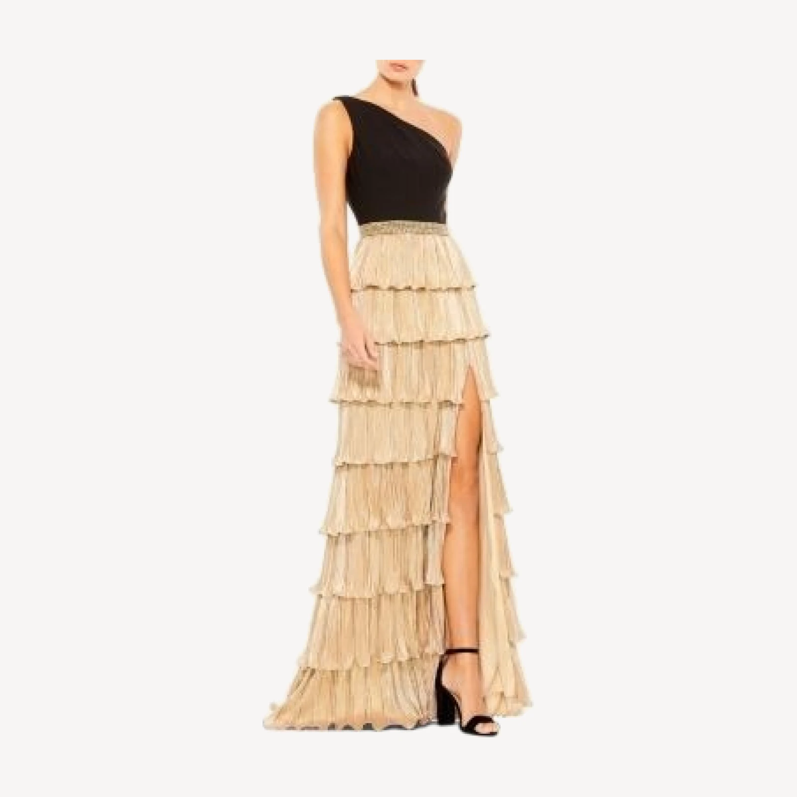 Mac Duggal Asymmetric Metallic Tiered Gown