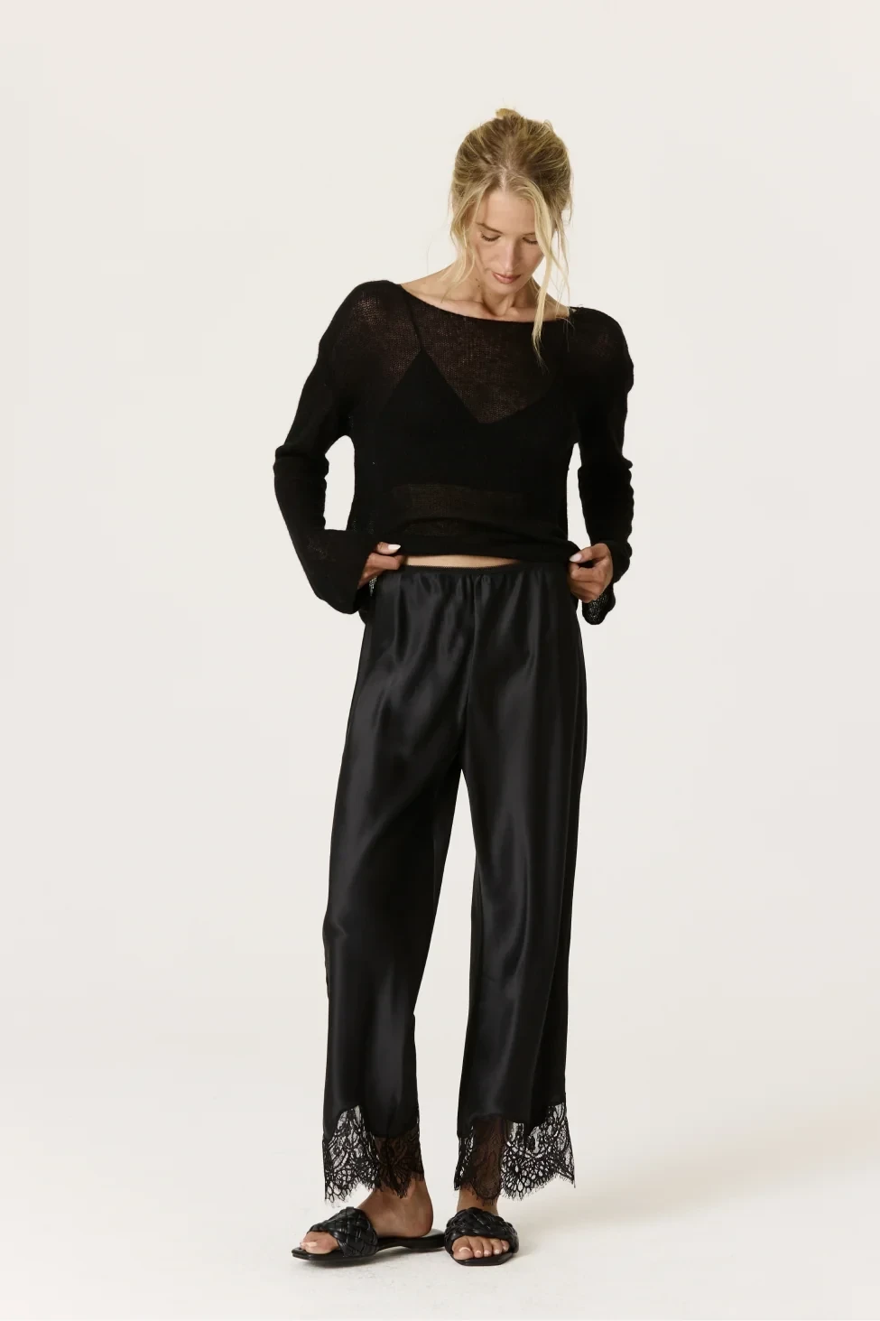 MARGOT LACE TRIMMED SILK PANT - BLACK