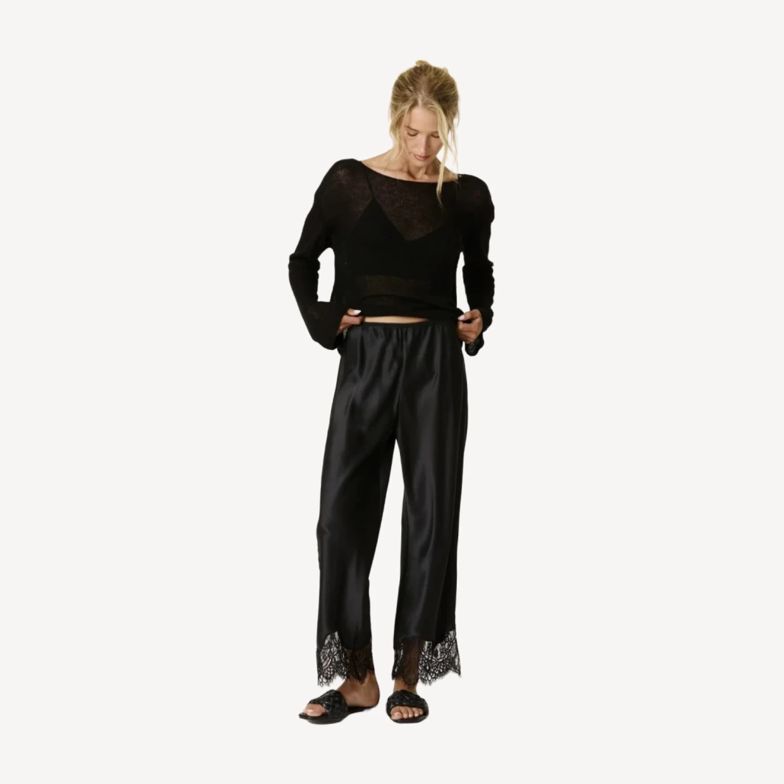 MARGOT LACE TRIMMED SILK PANT - BLACK