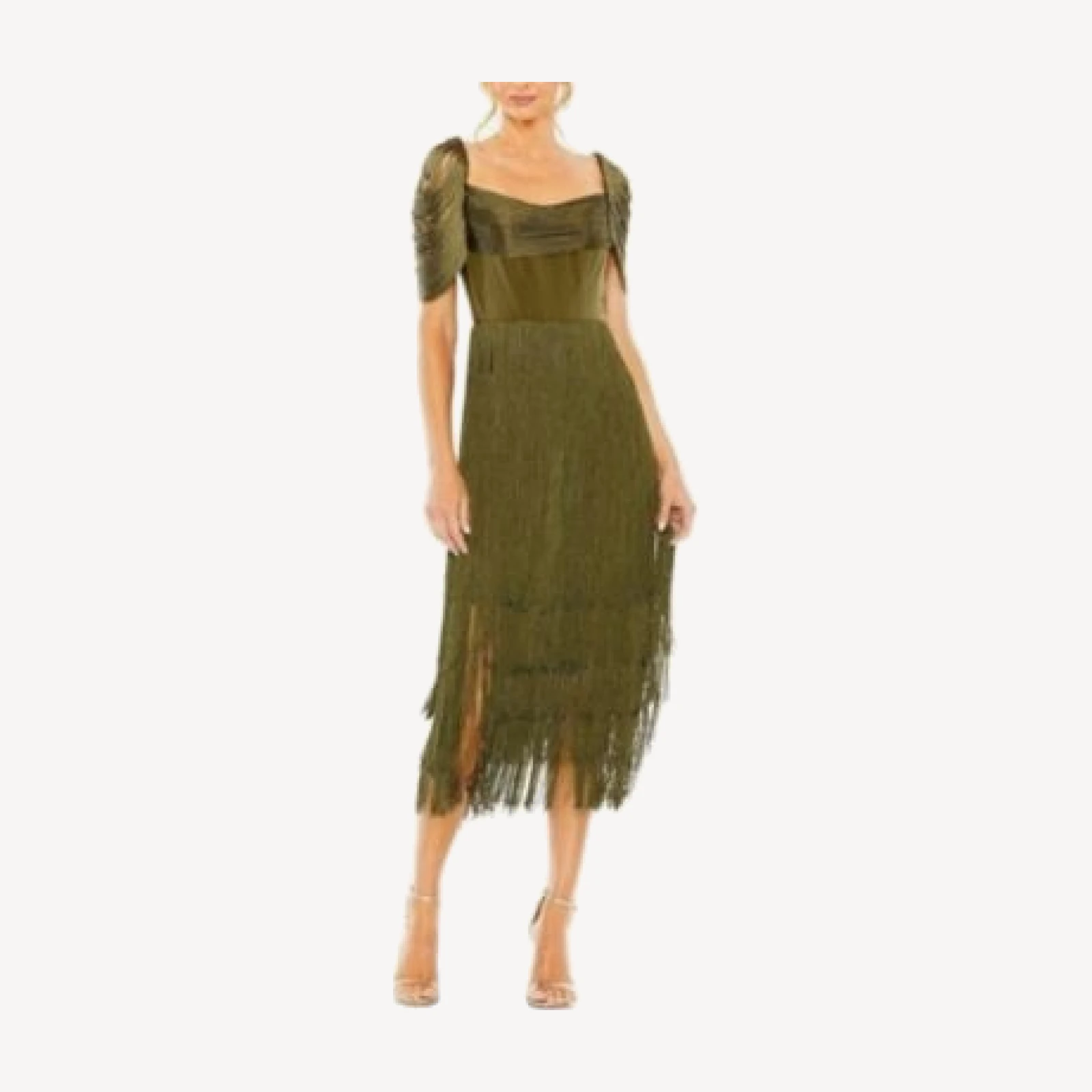Mac Duggal Short Sleeve Fringe Detailed Midi Dress